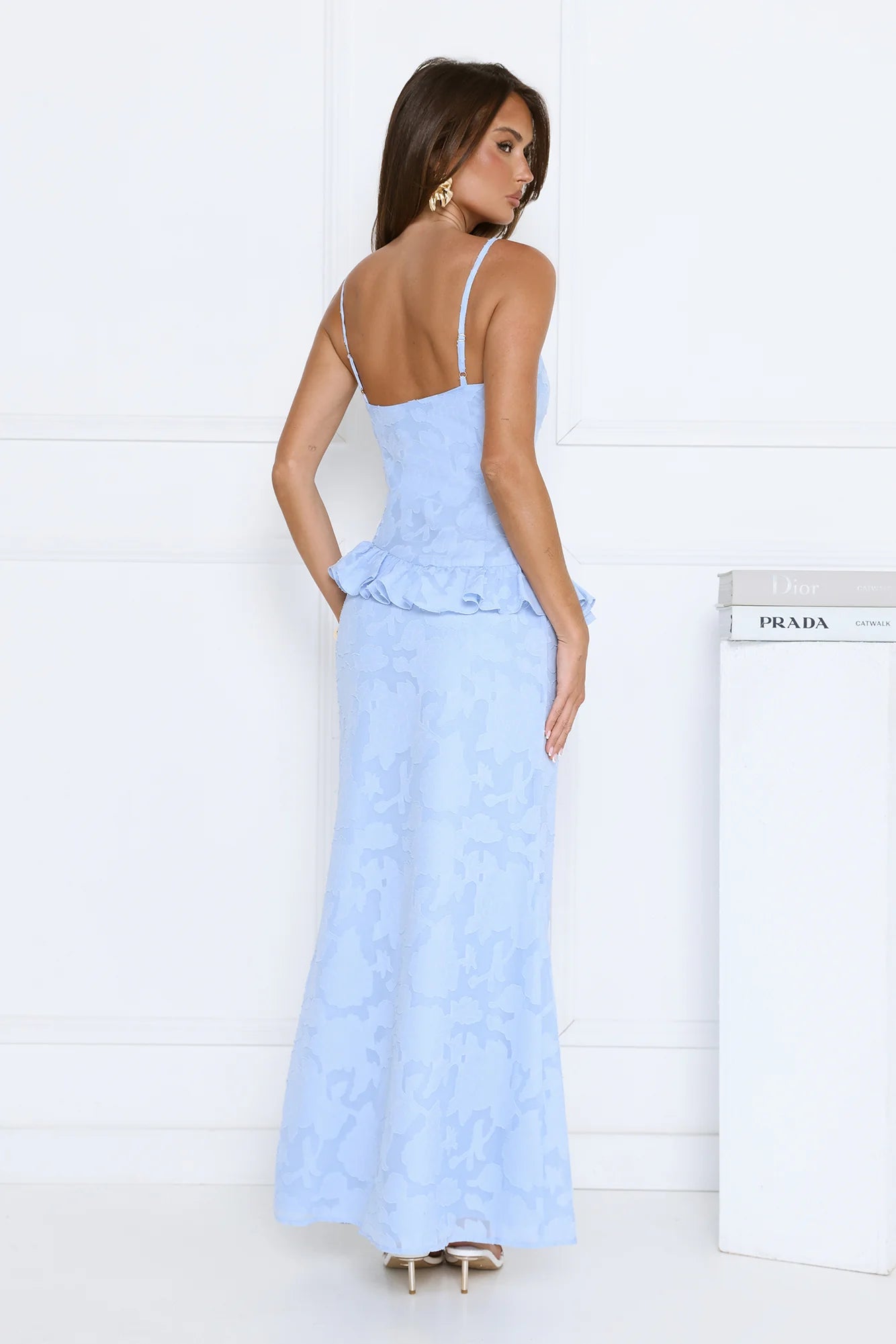 Stunning Sky Blue Floral Jacquard Mermaid Maxi Dress with Sweetheart Neckline, Adjustable Spaghetti Straps, Ruffled Waist Accent, Dramatic Ruffled High Slit and Flowy Floor-Length Skirt