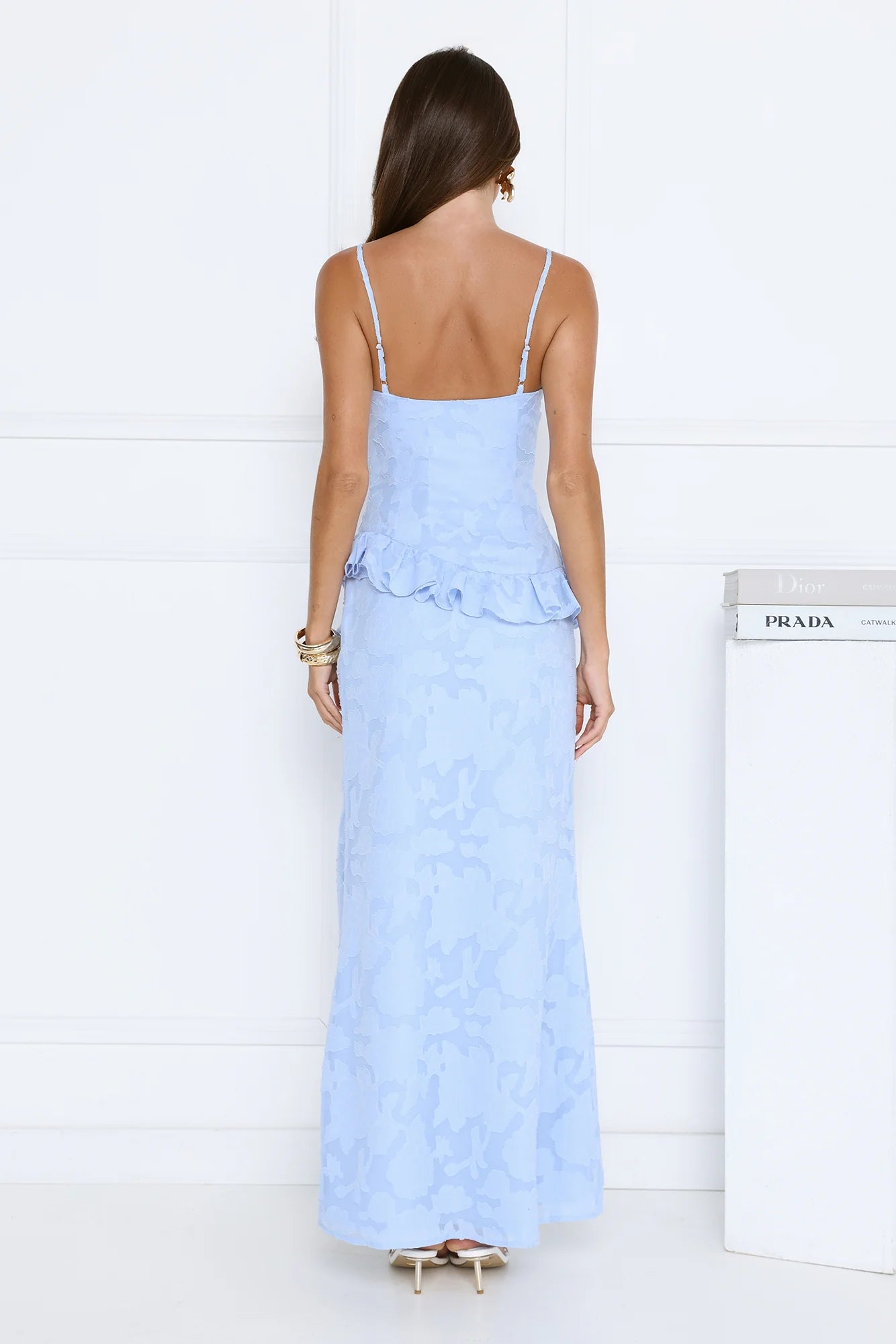 Stunning Sky Blue Floral Jacquard Mermaid Maxi Dress with Sweetheart Neckline, Adjustable Spaghetti Straps, Ruffled Waist Accent, Dramatic Ruffled High Slit and Flowy Floor-Length Skirt