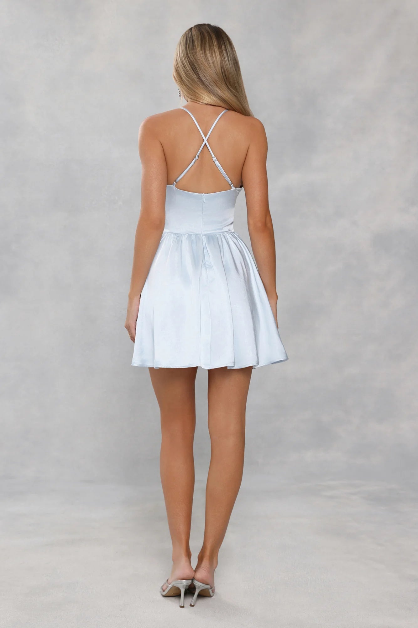 Stunning Sky Blue Satin Halter Neck Mini Dress with 3D Floral Rose Appliqué, Deep V-Neckline, Crisscross Adjustable Back Straps and Flowy Skater Skirt