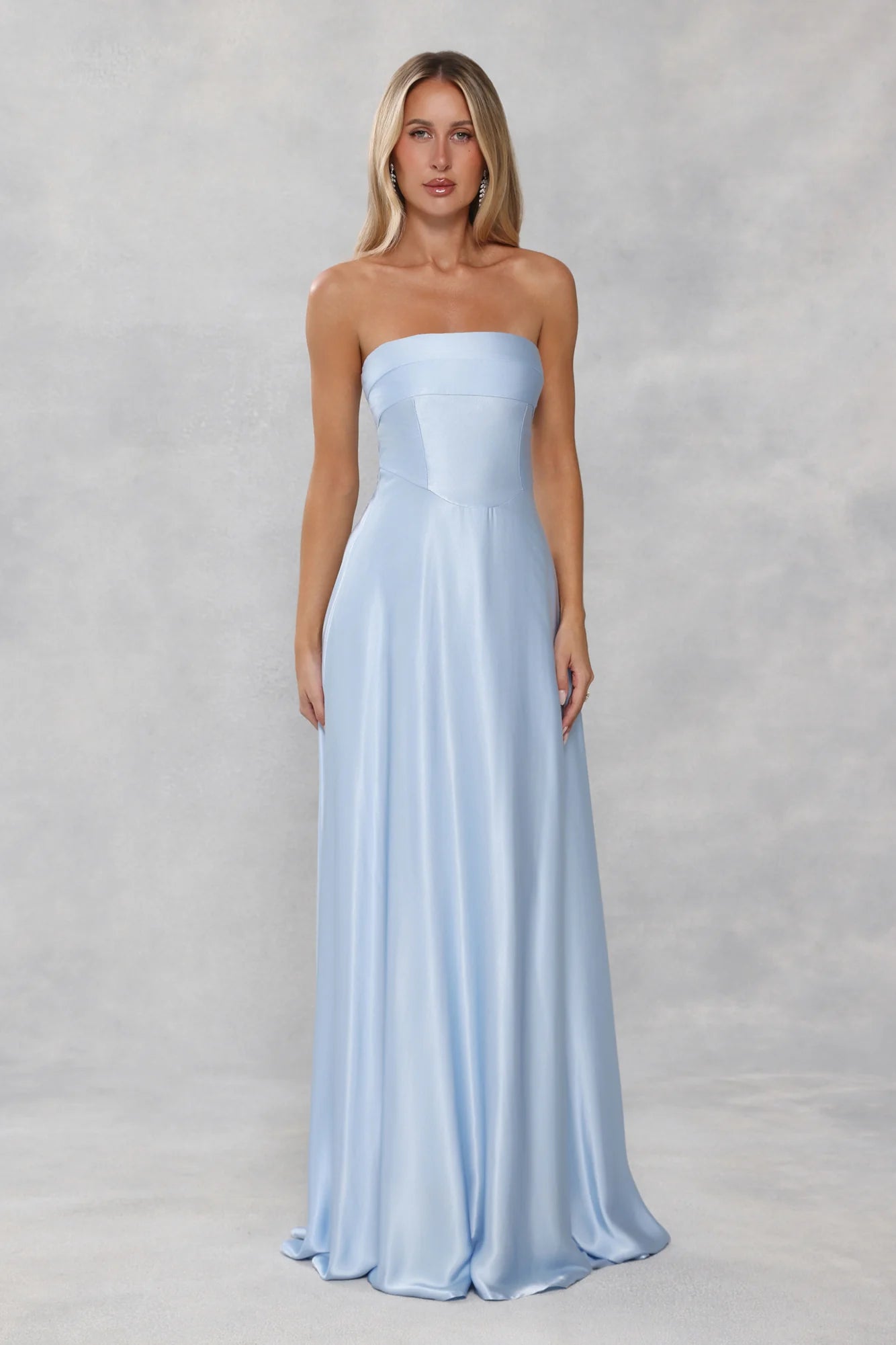 Stunning Sky Blue Satin Strapless Maxi Dress with Structured Corset Bodice, Detachable Halter Sash, Flowing A-Line Skirt and Open Back Zipper Closure