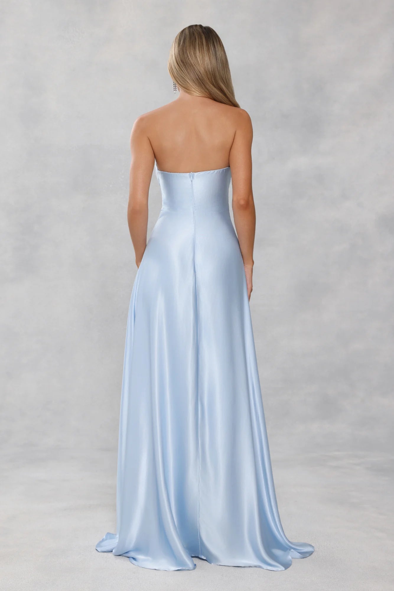 Stunning Sky Blue Satin Strapless Maxi Dress with Structured Corset Bodice, Detachable Halter Sash, Flowing A-Line Skirt and Open Back Zipper Closure