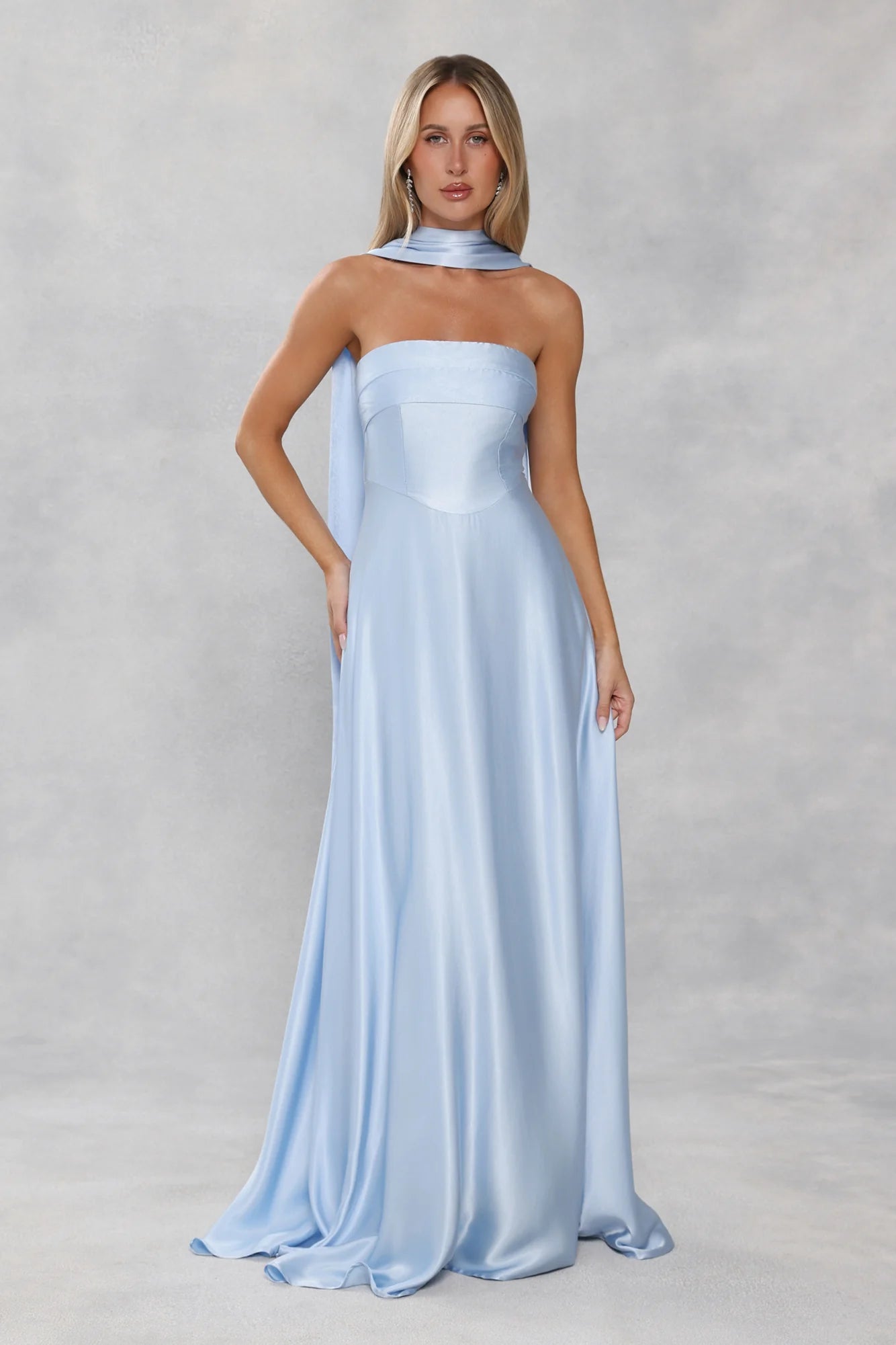 Stunning Sky Blue Satin Strapless Maxi Dress with Structured Corset Bodice, Detachable Halter Sash, Flowing A-Line Skirt and Open Back Zipper Closure