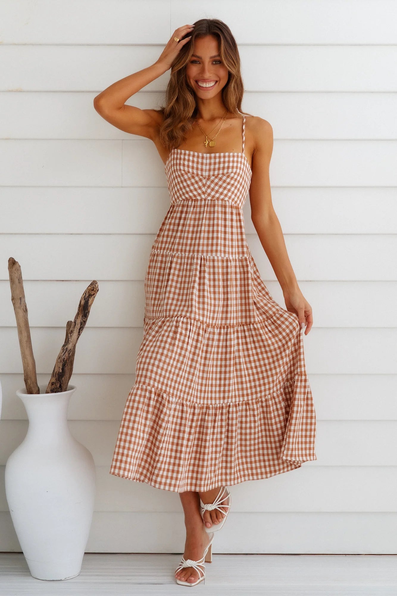 Stunning Tan Gingham Tiered Midi Dress with Square Neckline, Spaghetti Straps, Backless Tie Cutout and Ruffled Hem hot sale