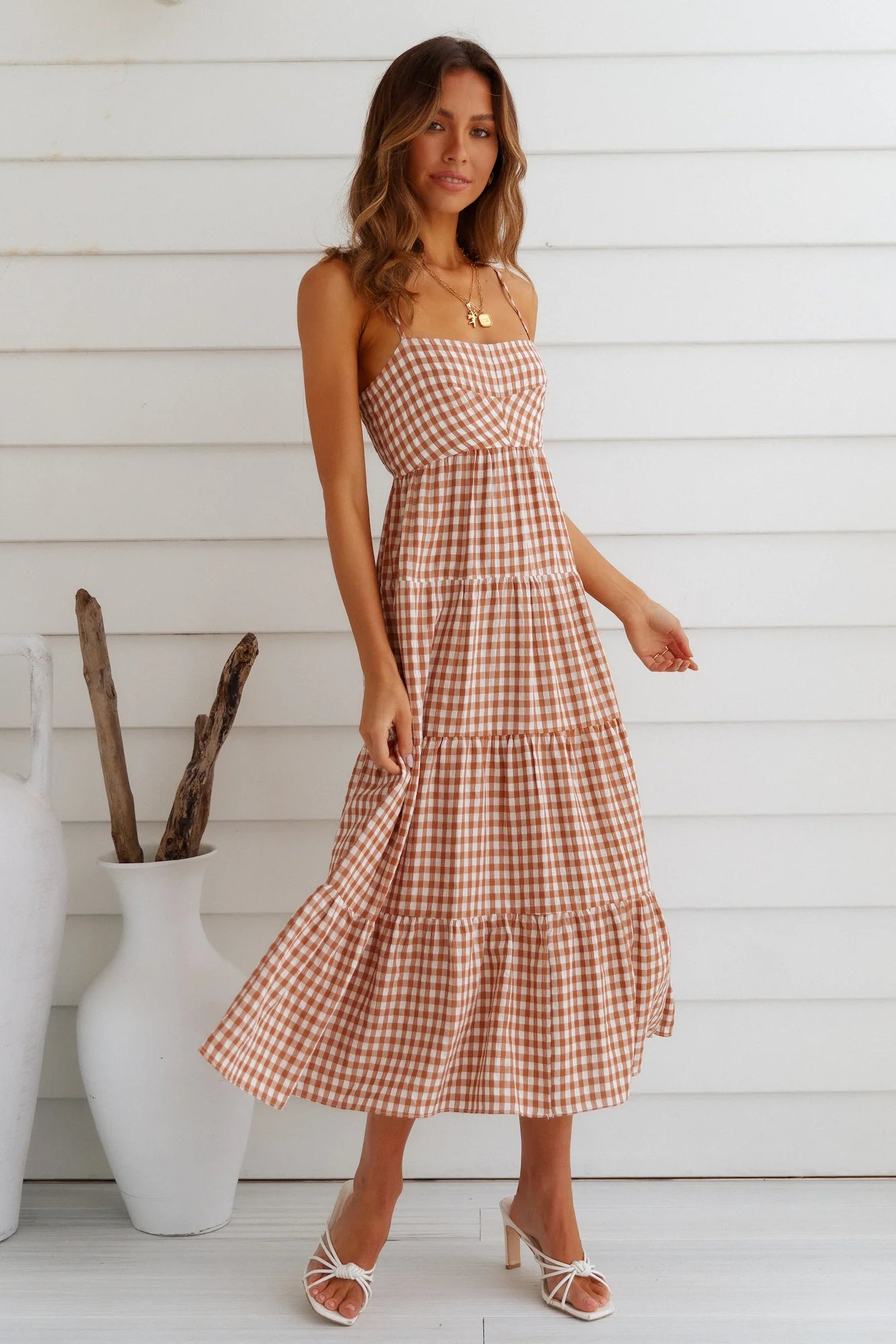 Stunning Tan Gingham Tiered Midi Dress with Square Neckline, Spaghetti Straps, Backless Tie Cutout and Ruffled Hem hot sale
