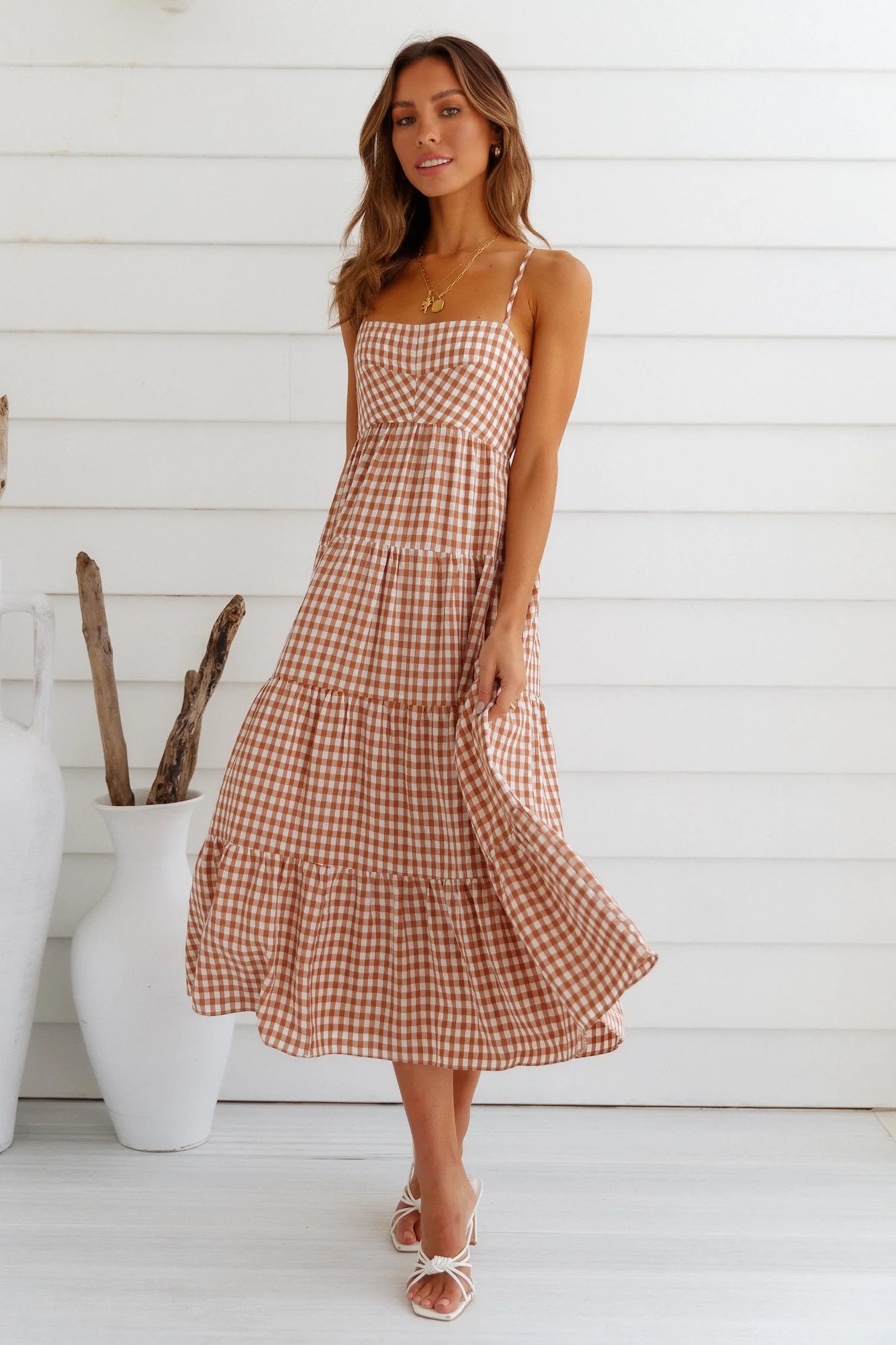 Stunning Tan Gingham Tiered Midi Dress with Square Neckline, Spaghetti Straps, Backless Tie Cutout and Ruffled Hem hot sale