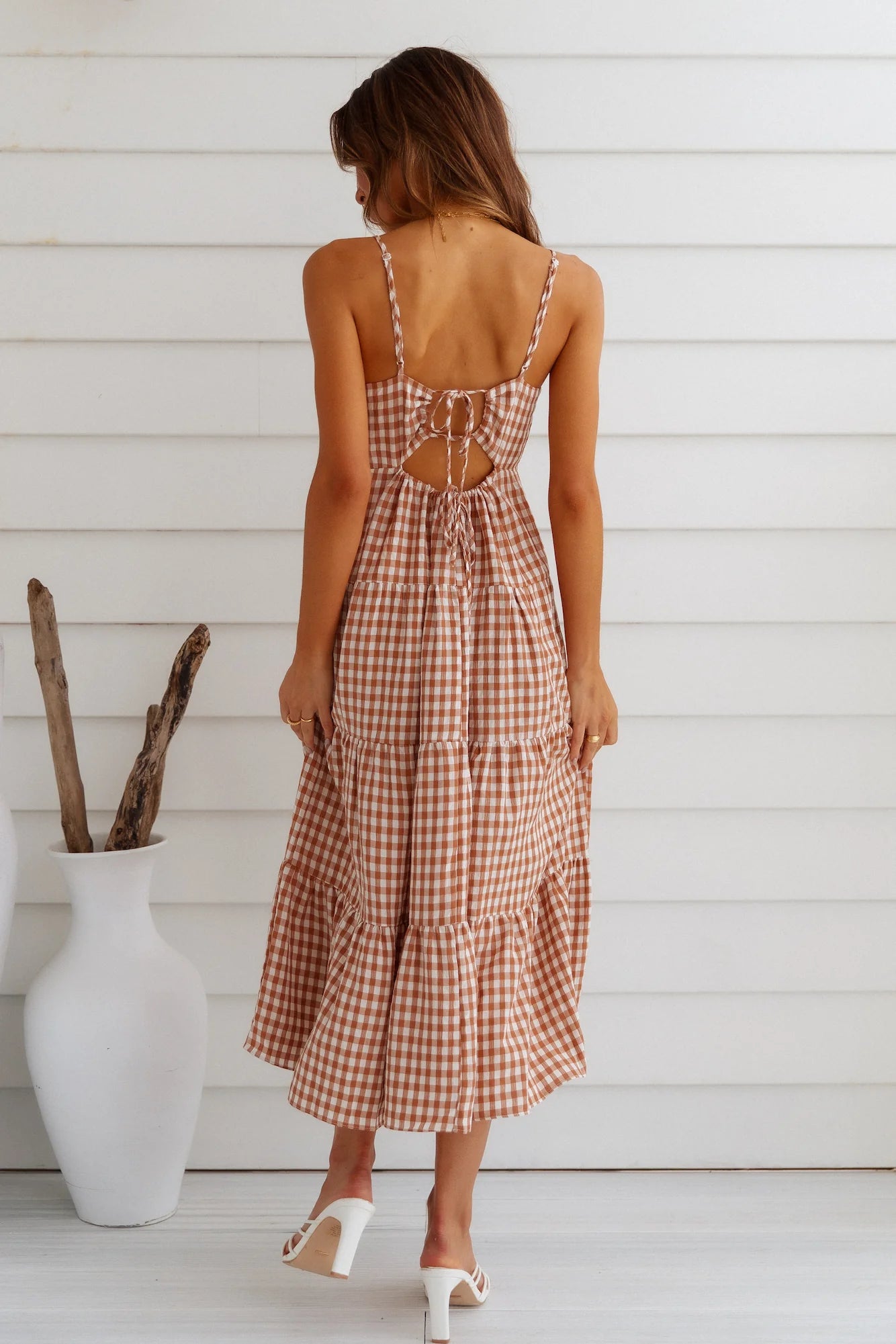 Stunning Tan Gingham Tiered Midi Dress with Square Neckline, Spaghetti Straps, Backless Tie Cutout and Ruffled Hem hot sale