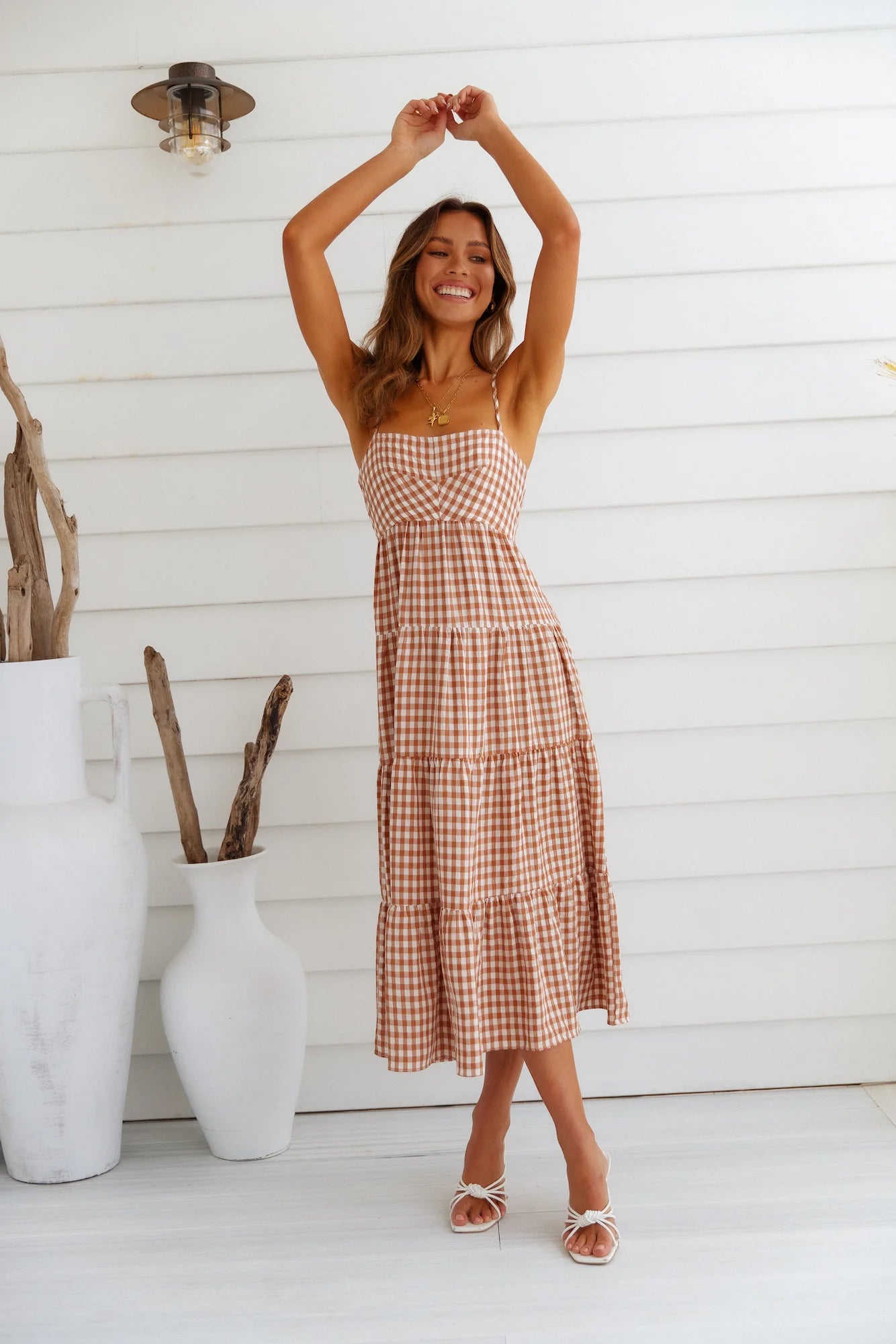 Stunning Tan Gingham Tiered Midi Dress with Square Neckline, Spaghetti Straps, Backless Tie Cutout and Ruffled Hem hot sale