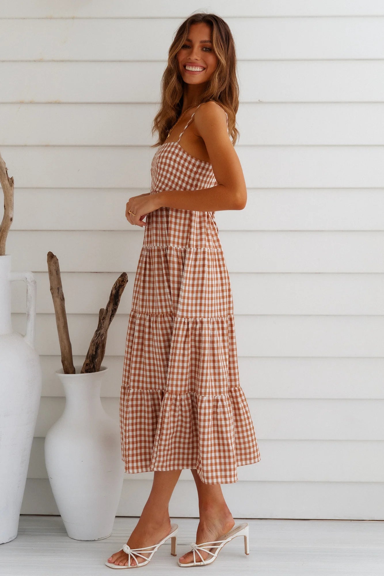 Stunning Tan Gingham Tiered Midi Dress with Square Neckline, Spaghetti Straps, Backless Tie Cutout and Ruffled Hem hot sale