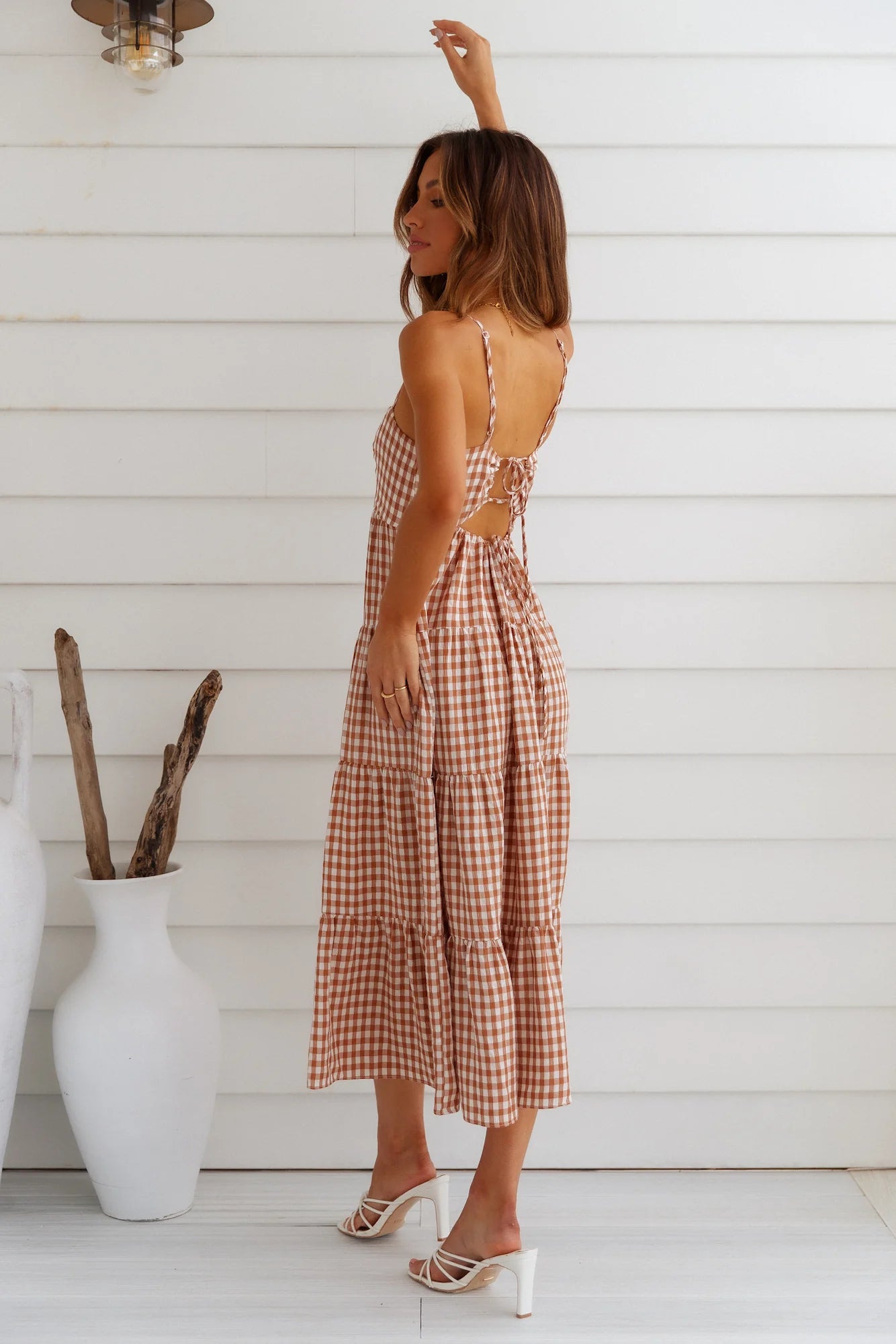 Stunning Tan Gingham Tiered Midi Dress with Square Neckline, Spaghetti Straps, Backless Tie Cutout and Ruffled Hem hot sale