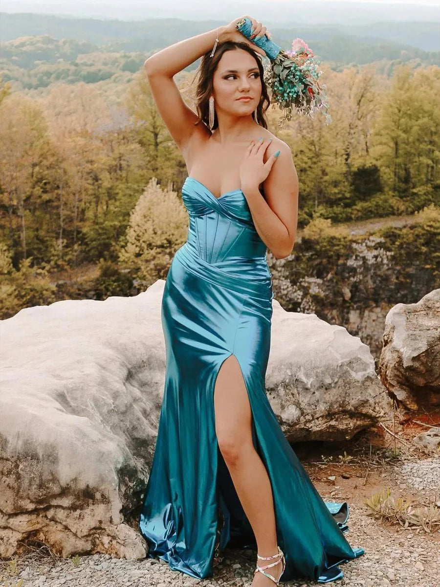 Stunning Teal Metallic Satin Mermaid Evening Dress with Sweetheart Neckline, Strapless Corset Bodice, Ruched Waist, High Slit and Sweeping Train