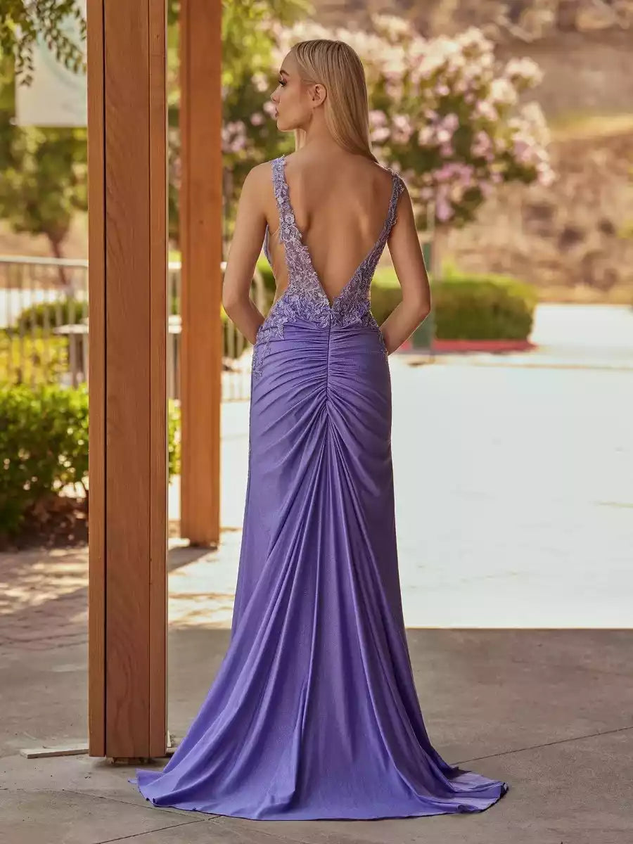 Stunning V-neck satin sleeveless mermaid and floor slit lace up back Prom Dresses