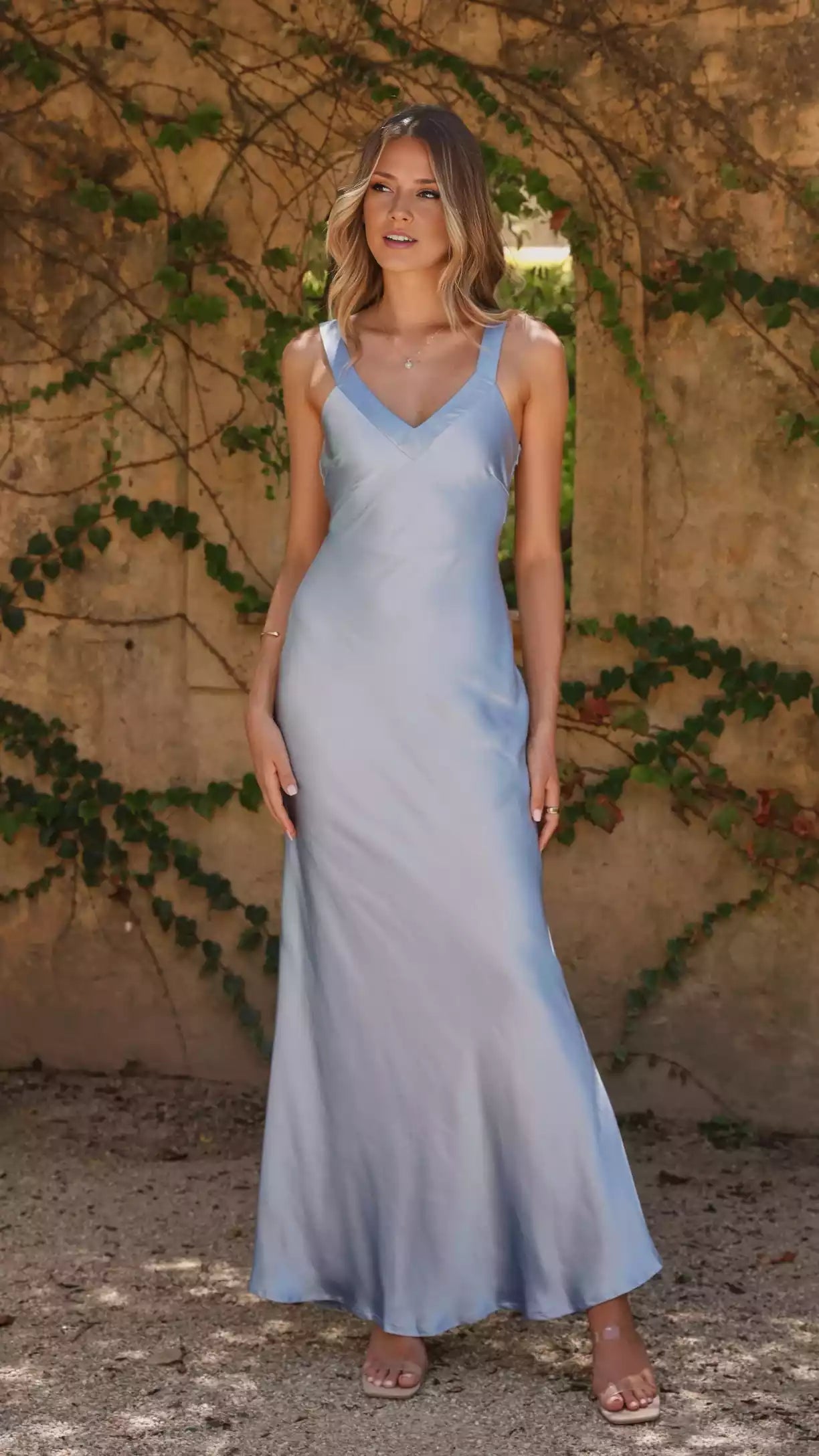 Stunning V-neck wide shoulder strap, hidden side zipper, cross shaped detail, fully lined Prom Dresses