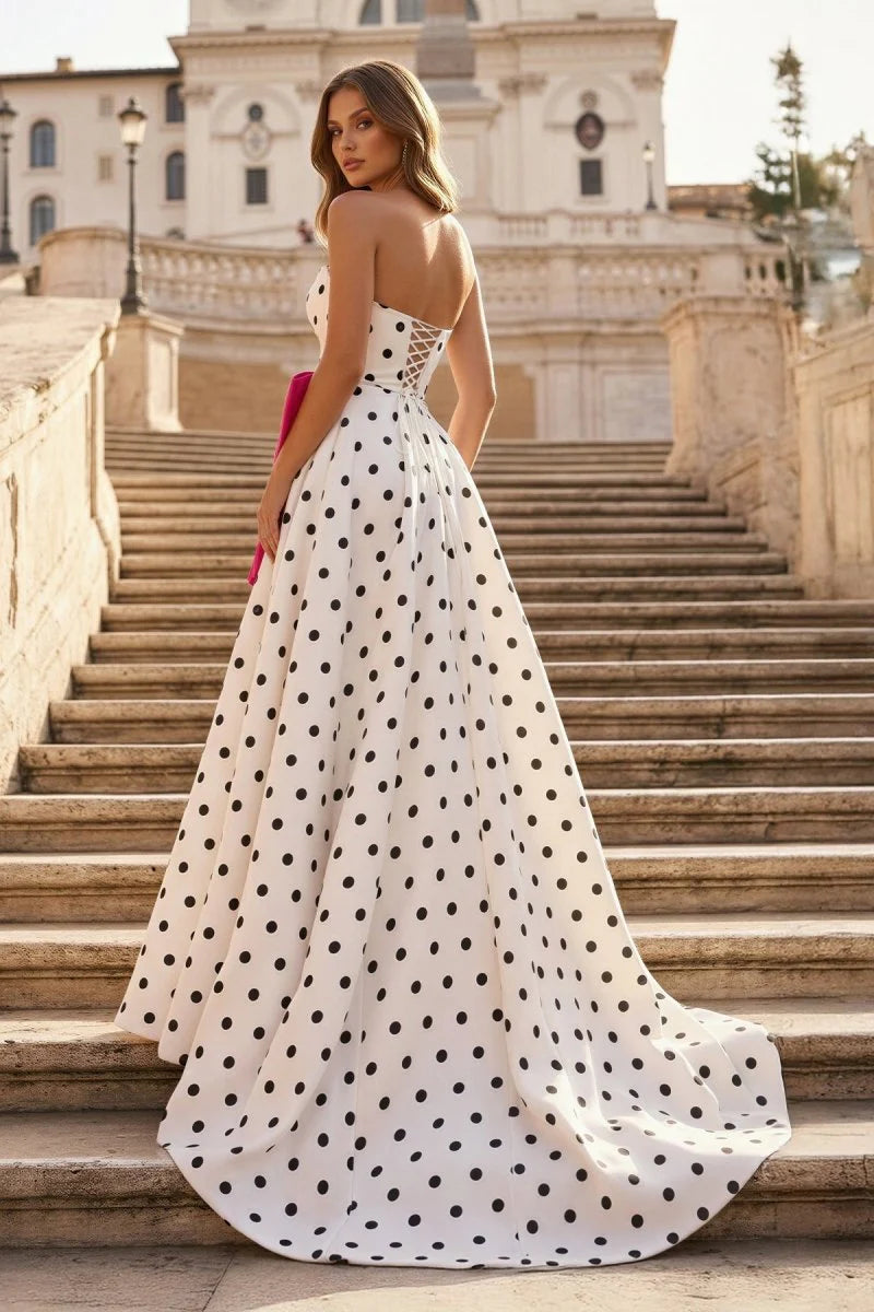 Stunning White Polka Dot Strapless A-Line Evening Dress with Sweetheart Neckline, Oversized Hot Pink Bow, High Slit, Crisscross Lace-up Back and Sweeping Train