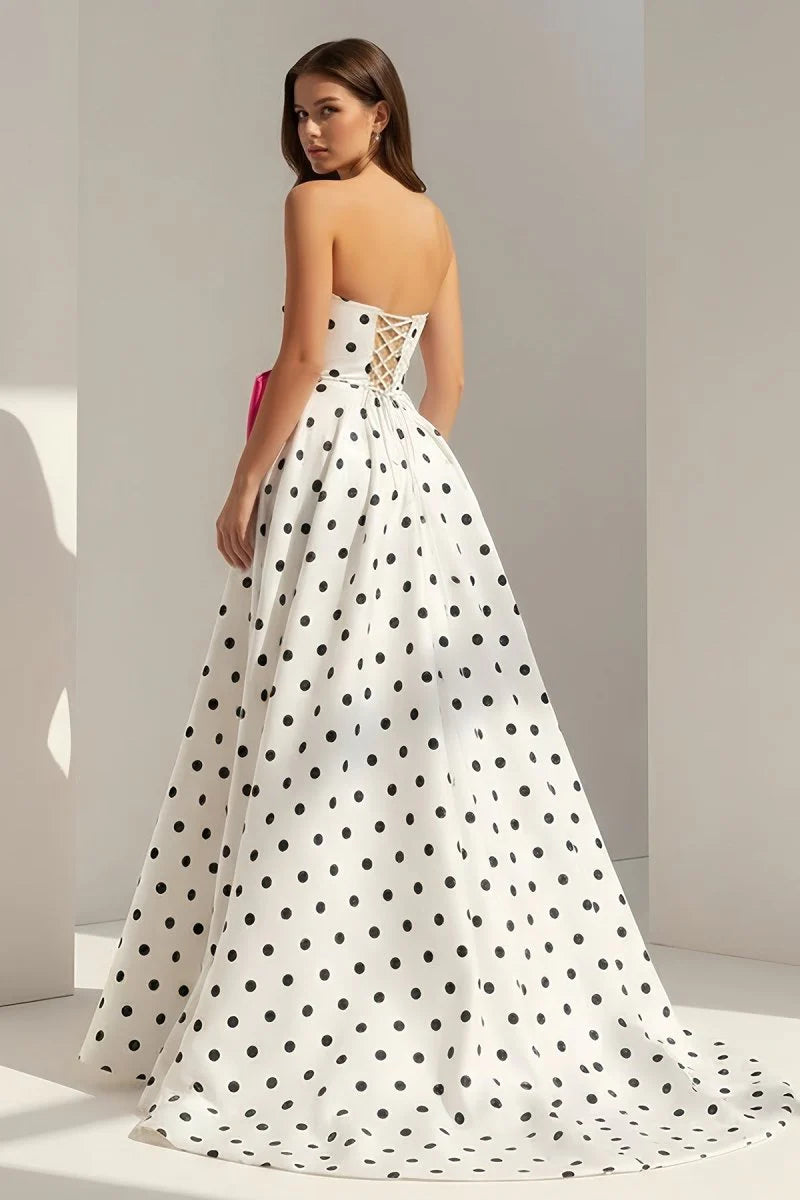 Stunning White Polka Dot Strapless A-Line Evening Dress with Sweetheart Neckline, Oversized Hot Pink Bow, High Slit, Crisscross Lace-up Back and Sweeping Train