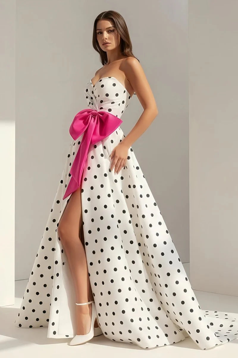 Stunning White Polka Dot Strapless A-Line Evening Dress with Sweetheart Neckline, Oversized Hot Pink Bow, High Slit, Crisscross Lace-up Back and Sweeping Train