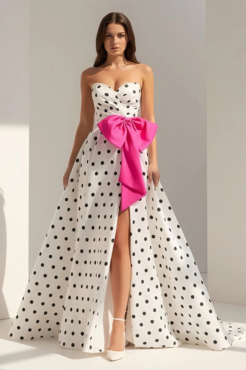 Stunning White Polka Dot Strapless A-Line Evening Dress with Sweetheart Neckline, Oversized Hot Pink Bow, High Slit, Crisscross Lace-up Back and Sweeping Train