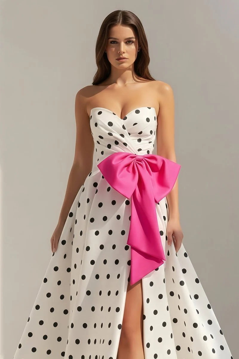 Stunning White Polka Dot Strapless A-Line Evening Dress with Sweetheart Neckline, Oversized Hot Pink Bow, High Slit, Crisscross Lace-up Back and Sweeping Train