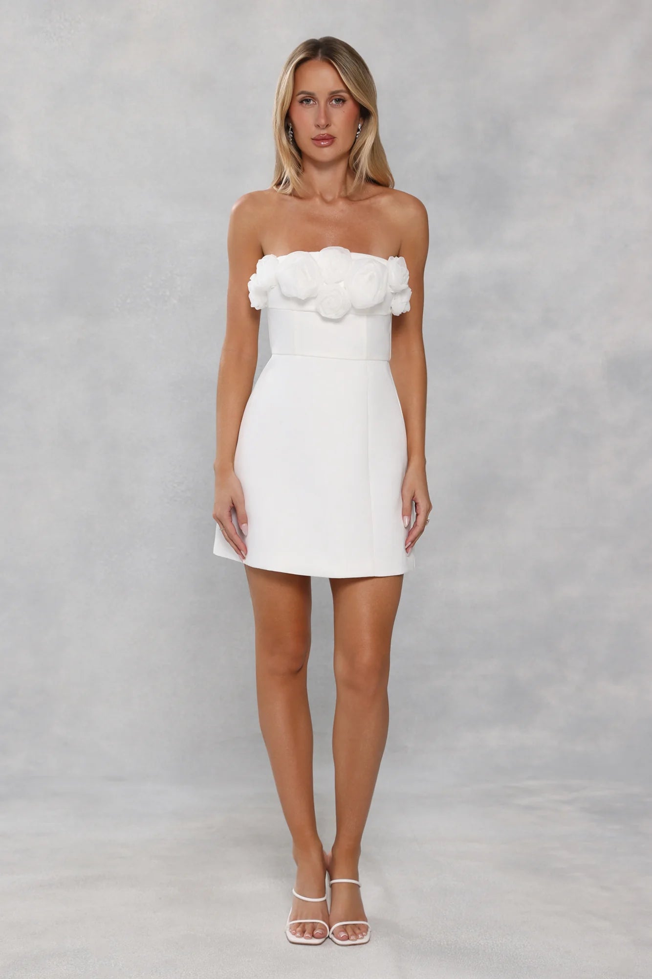 Stunning White Strapless Mini Dress with 3D Floral Rose Appliqué Bodice, Structured Waist Panel, Flared A-Line Skirt and Open Back Zipper Closure