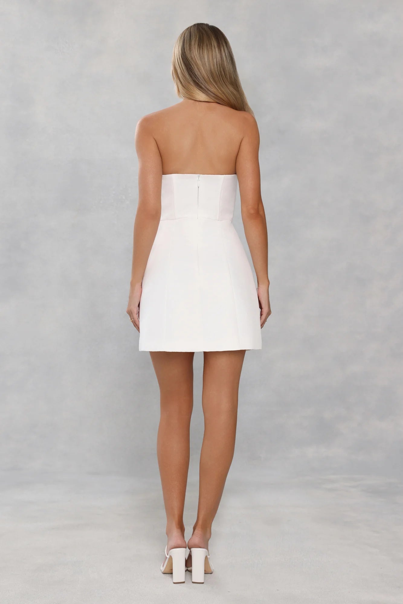 Stunning White Strapless Mini Dress with 3D Floral Rose Appliqué Bodice, Structured Waist Panel, Flared A-Line Skirt and Open Back Zipper Closure