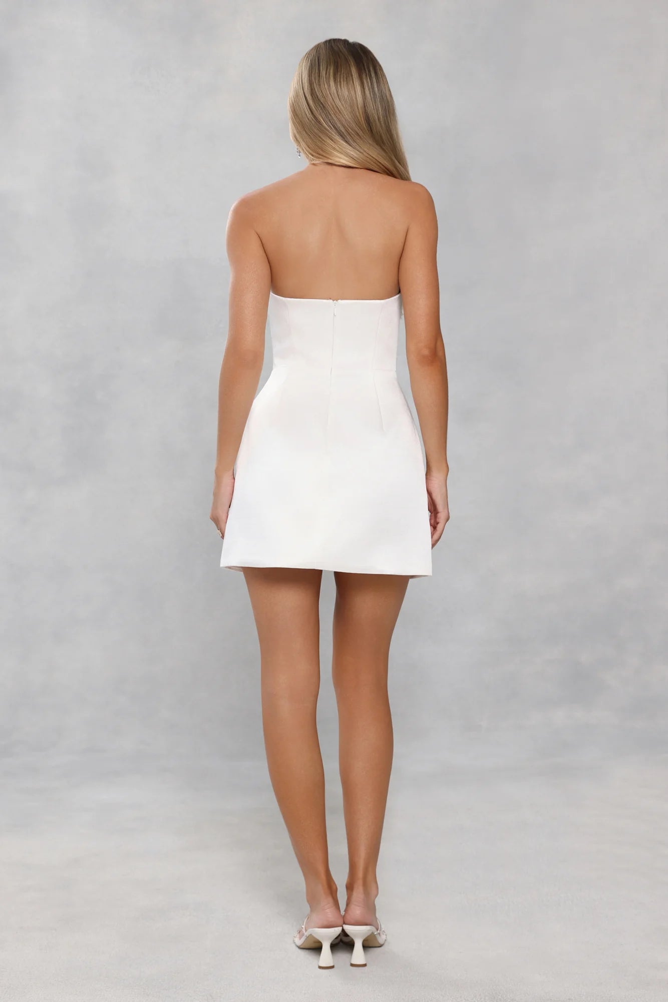 Stunning White Strapless Mini Dress with 3D Floral Sequin Appliqué, Structured Bodice, Flared Skater Skirt and Open Back Zipper Closure