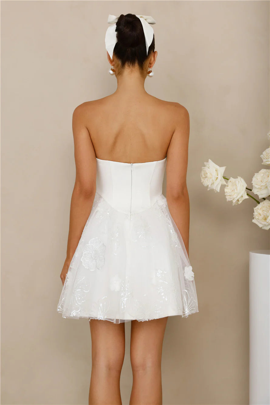 Stunning White Strapless Mini Dress with Structured Corset Bodice, 3D Floral Sequin Tulle Skirt and Open Back Zipper Closure