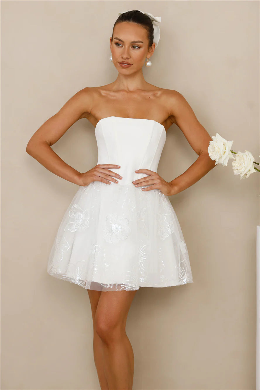 Stunning White Strapless Mini Dress with Structured Corset Bodice, 3D Floral Sequin Tulle Skirt and Open Back Zipper Closure