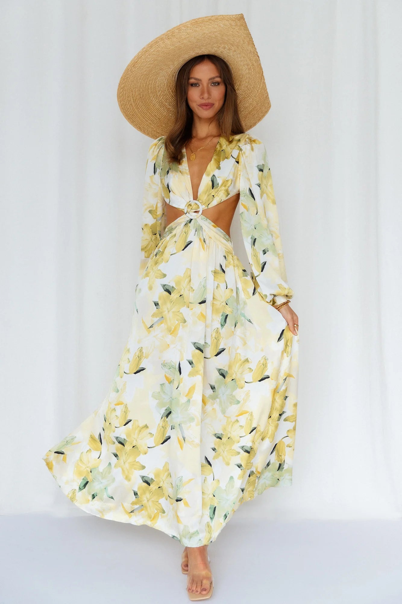 Stunning Yellow Floral Print Maxi Dress with Deep V-Neck, Puff Long Sleeves, Front Waist Cutout, Backless Design and Flowy High-Low Skirt hot sale