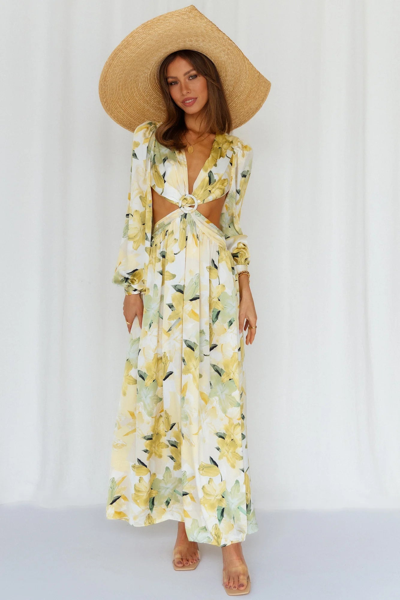Stunning Yellow Floral Print Maxi Dress with Deep V-Neck, Puff Long Sleeves, Front Waist Cutout, Backless Design and Flowy High-Low Skirt hot sale
