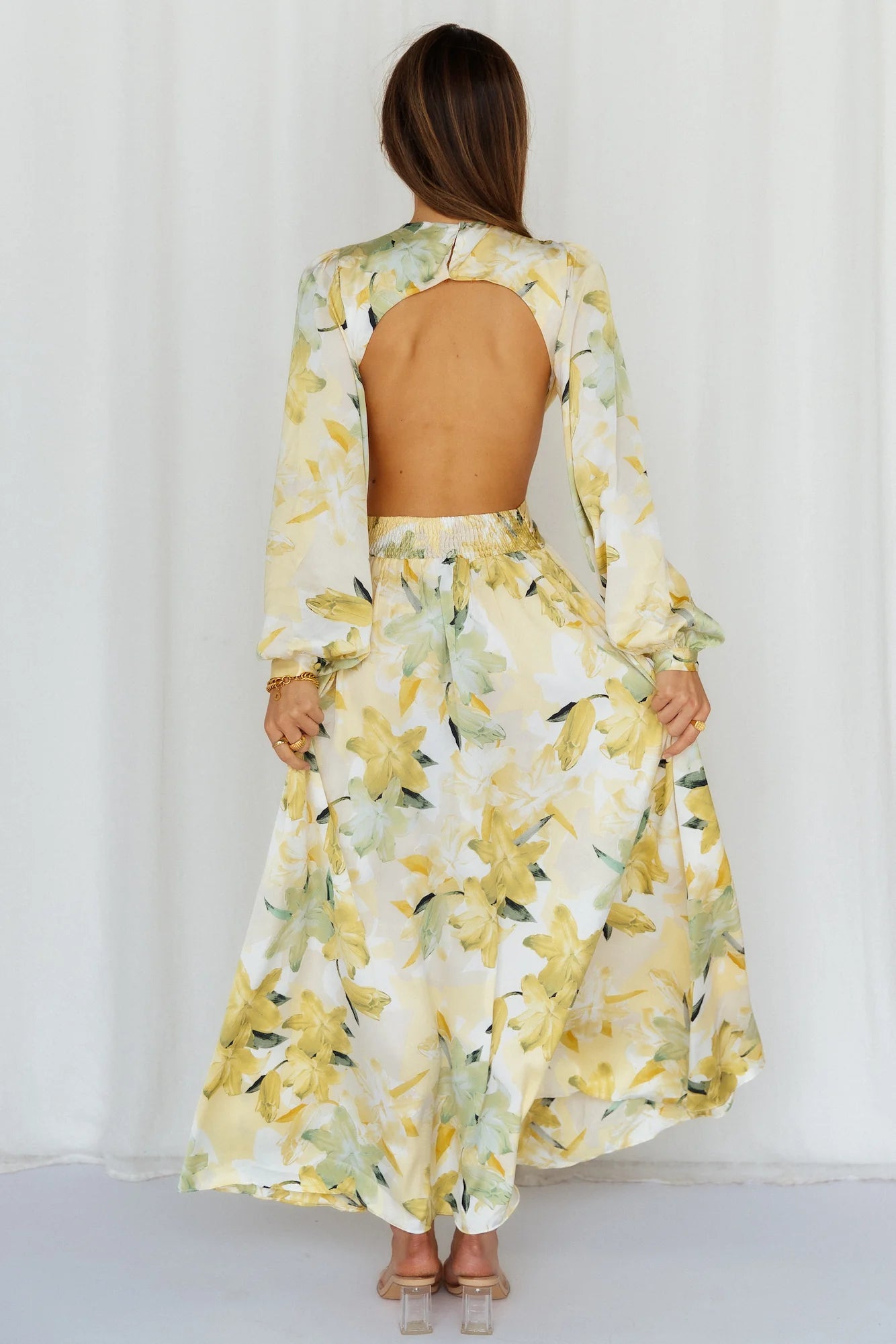 Stunning Yellow Floral Print Maxi Dress with Deep V-Neck, Puff Long Sleeves, Front Waist Cutout, Backless Design and Flowy High-Low Skirt hot sale
