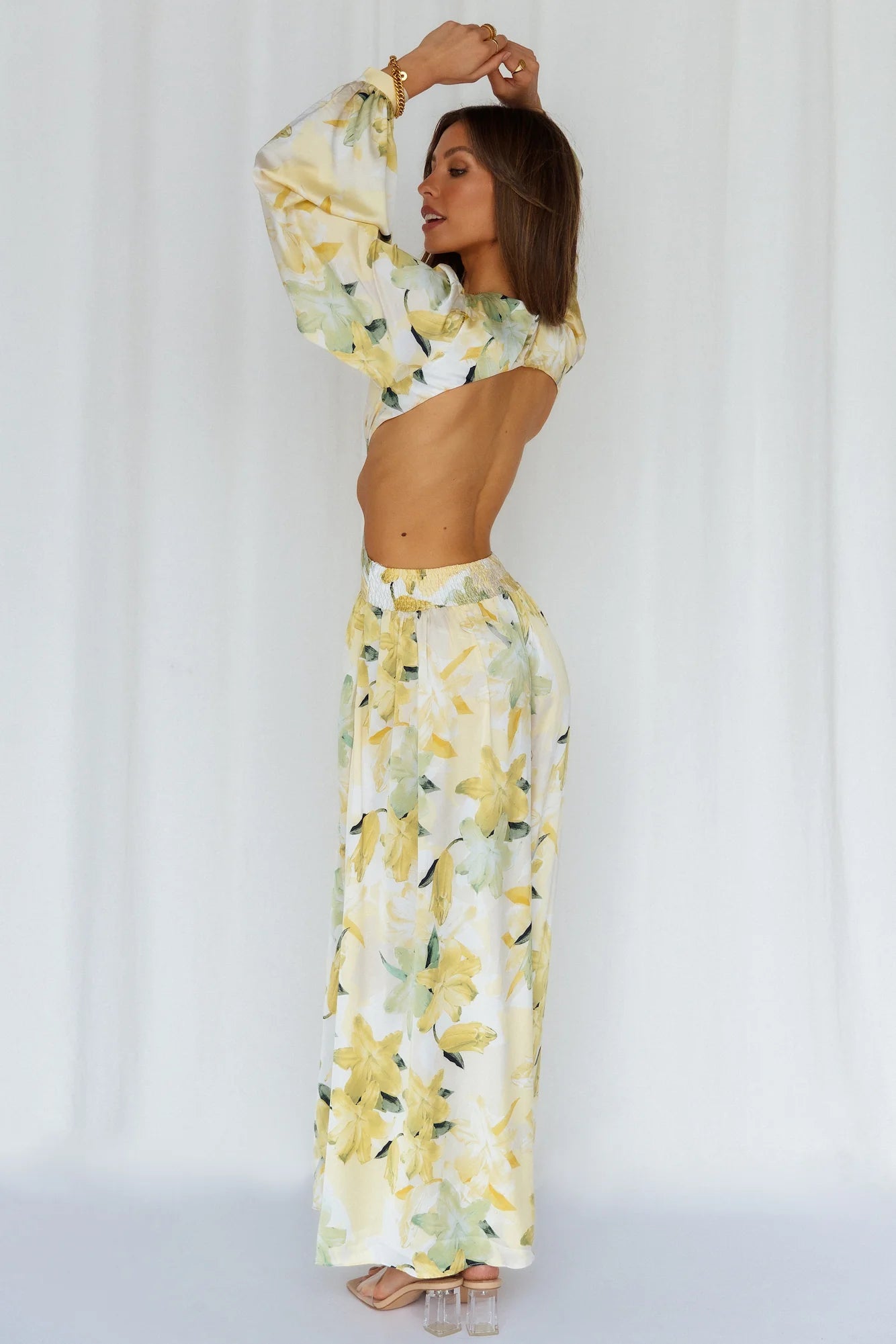 Stunning Yellow Floral Print Maxi Dress with Deep V-Neck, Puff Long Sleeves, Front Waist Cutout, Backless Design and Flowy High-Low Skirt hot sale