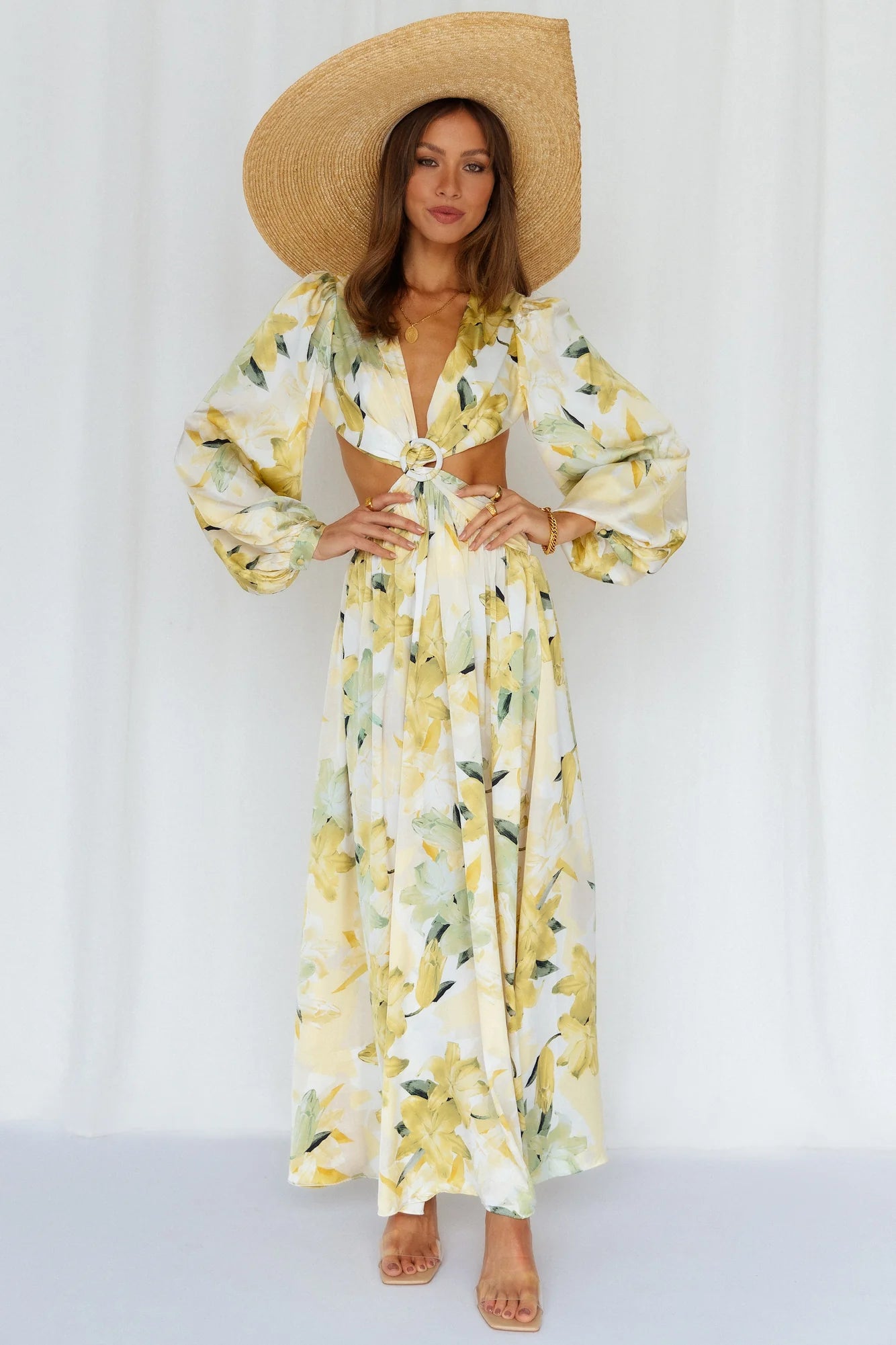 Stunning Yellow Floral Print Maxi Dress with Deep V-Neck, Puff Long Sleeves, Front Waist Cutout, Backless Design and Flowy High-Low Skirt hot sale