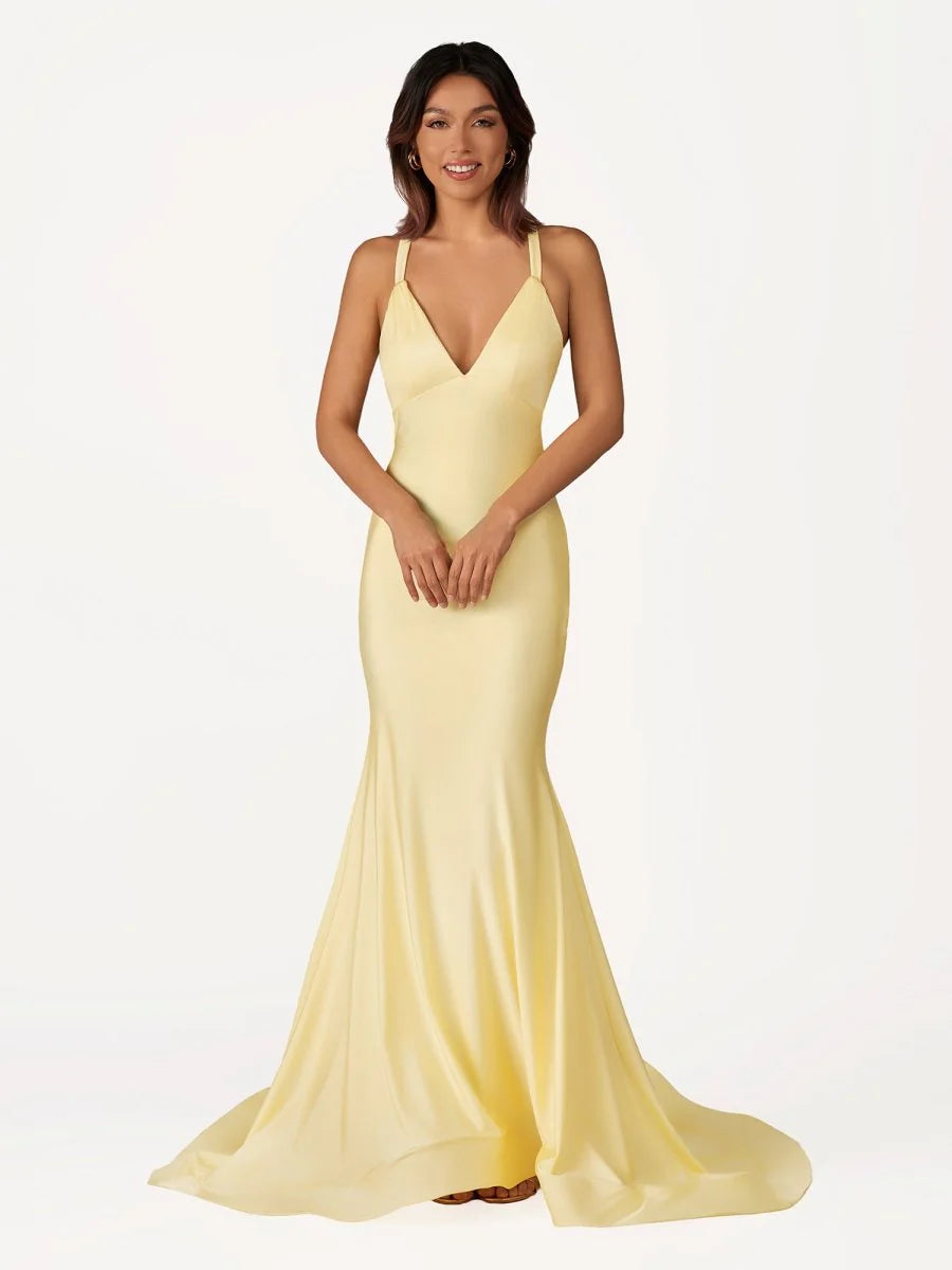 Stunning Yellow Halter Satin Mermaid Prom Dres Evening Dress with Crisscross Back Straps, Waist Cut-out, Flattering V-neckline and Sweeping Train