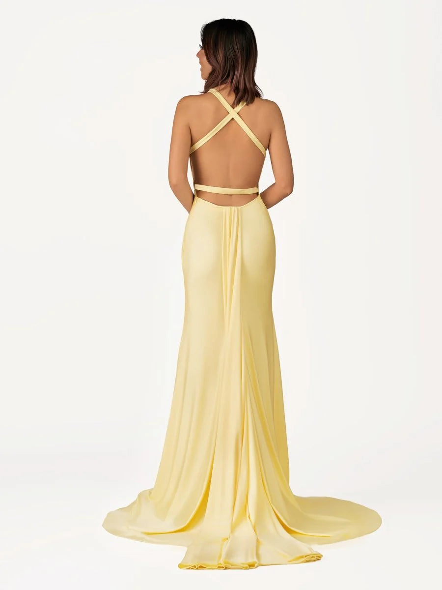 Stunning Yellow Halter Satin Mermaid Prom Dres Evening Dress with Crisscross Back Straps, Waist Cut-out, Flattering V-neckline and Sweeping Train
