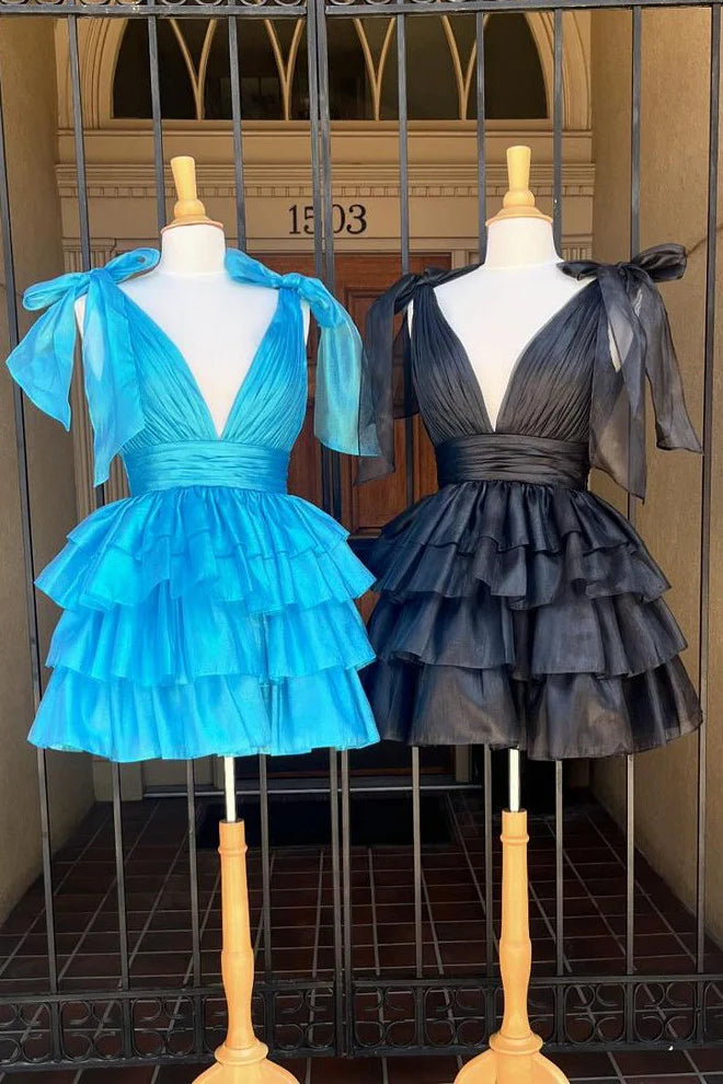 Stunning A-Line Deep V-Neck Short Tiered Satin Homecoming Dress