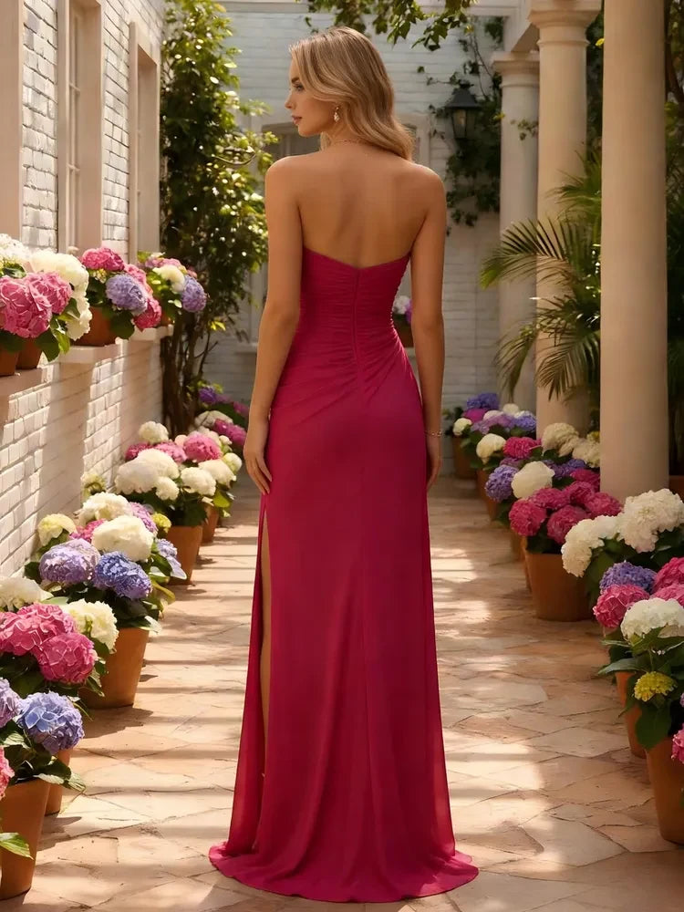 Stunning A-Line Strapless Ruched Slit Fuchsia Floor-Length Prom Dresses Gown