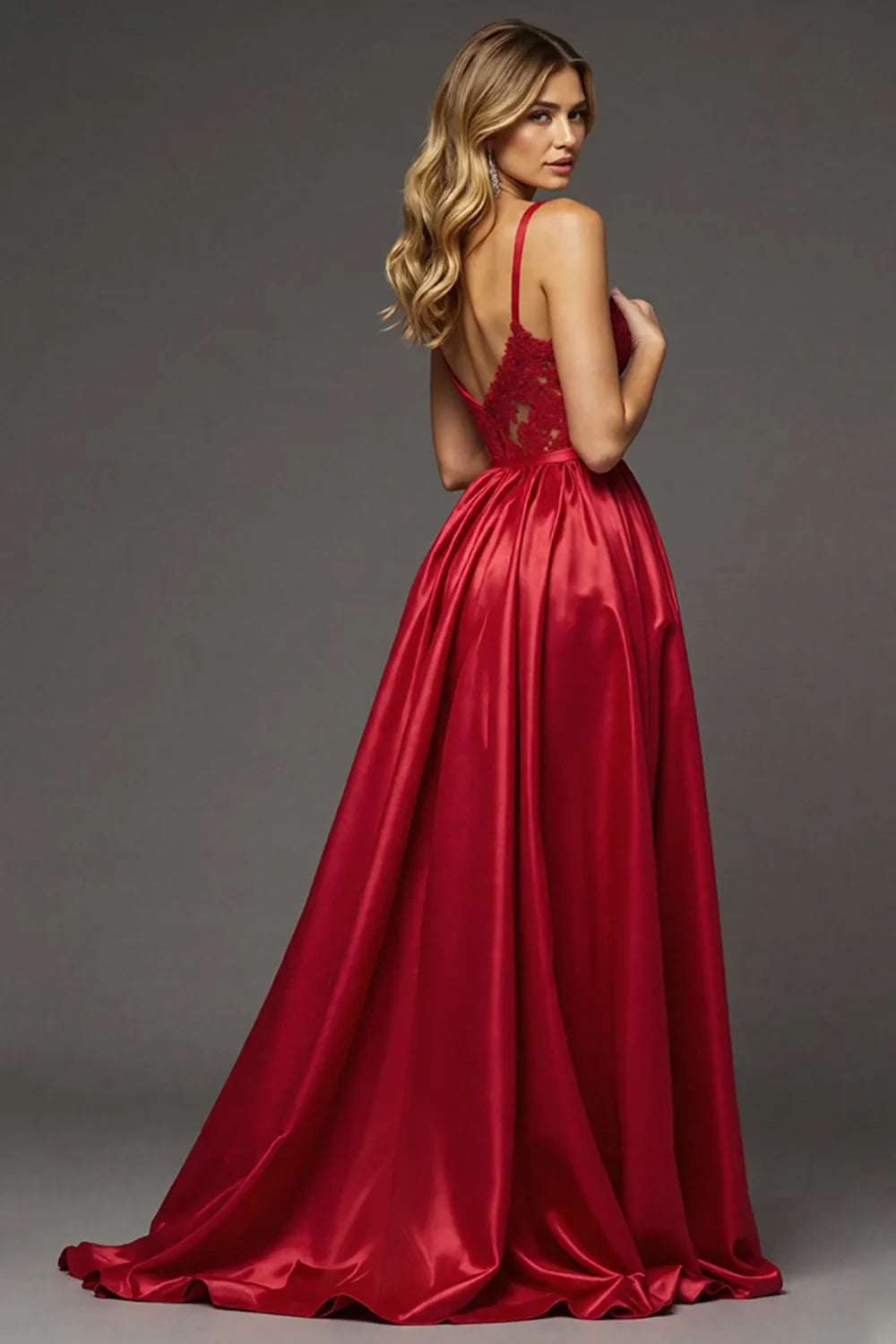 Stunning A-Line V-Neck Sleeveless Lace High-Slit Red Floor-Length Prom Gown