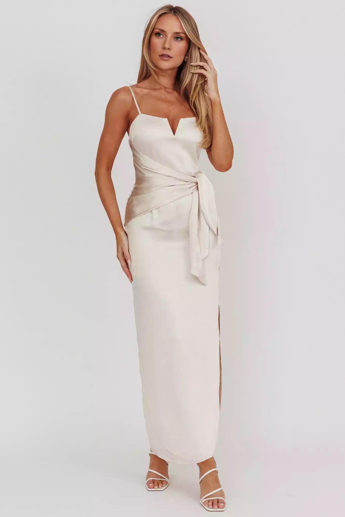 Stunning and elegant satin long adjustable thin shoulder strap belt with hidden back zipper and side leg slits Bridesmaid Dresses