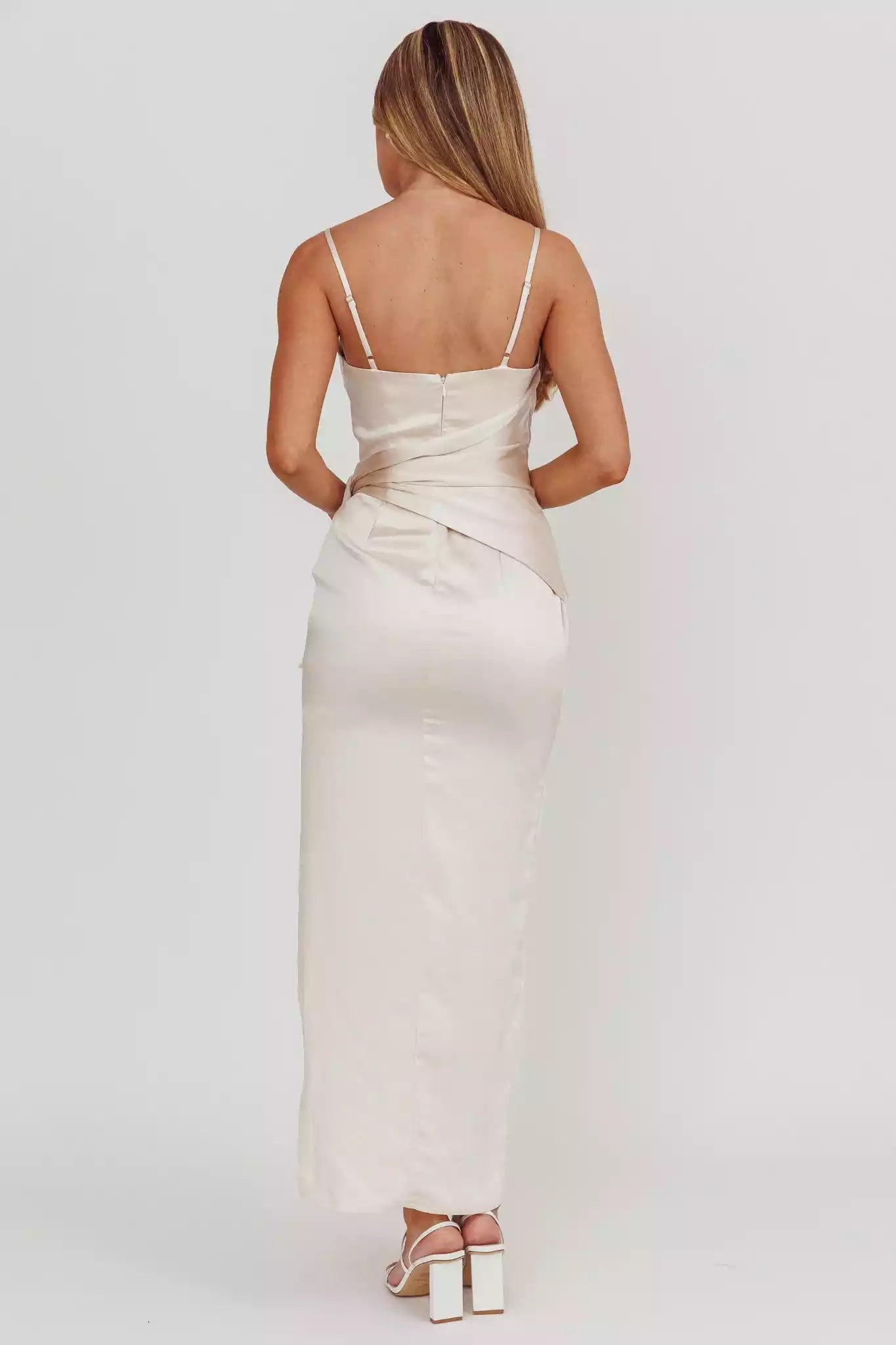 Stunning and elegant satin long adjustable thin shoulder strap belt with hidden back zipper and side leg slits Bridesmaid Dresses