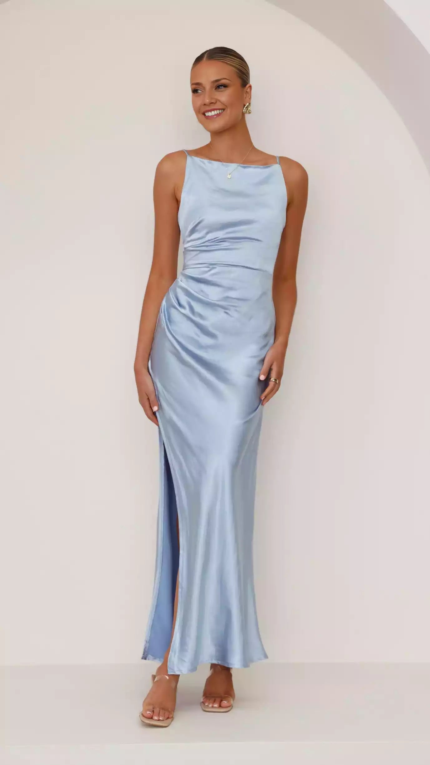Stunning and elegant square neckline with side slits, straight neckline, adjustable thin shoulder straps, invisible back zipper Prom Dresses