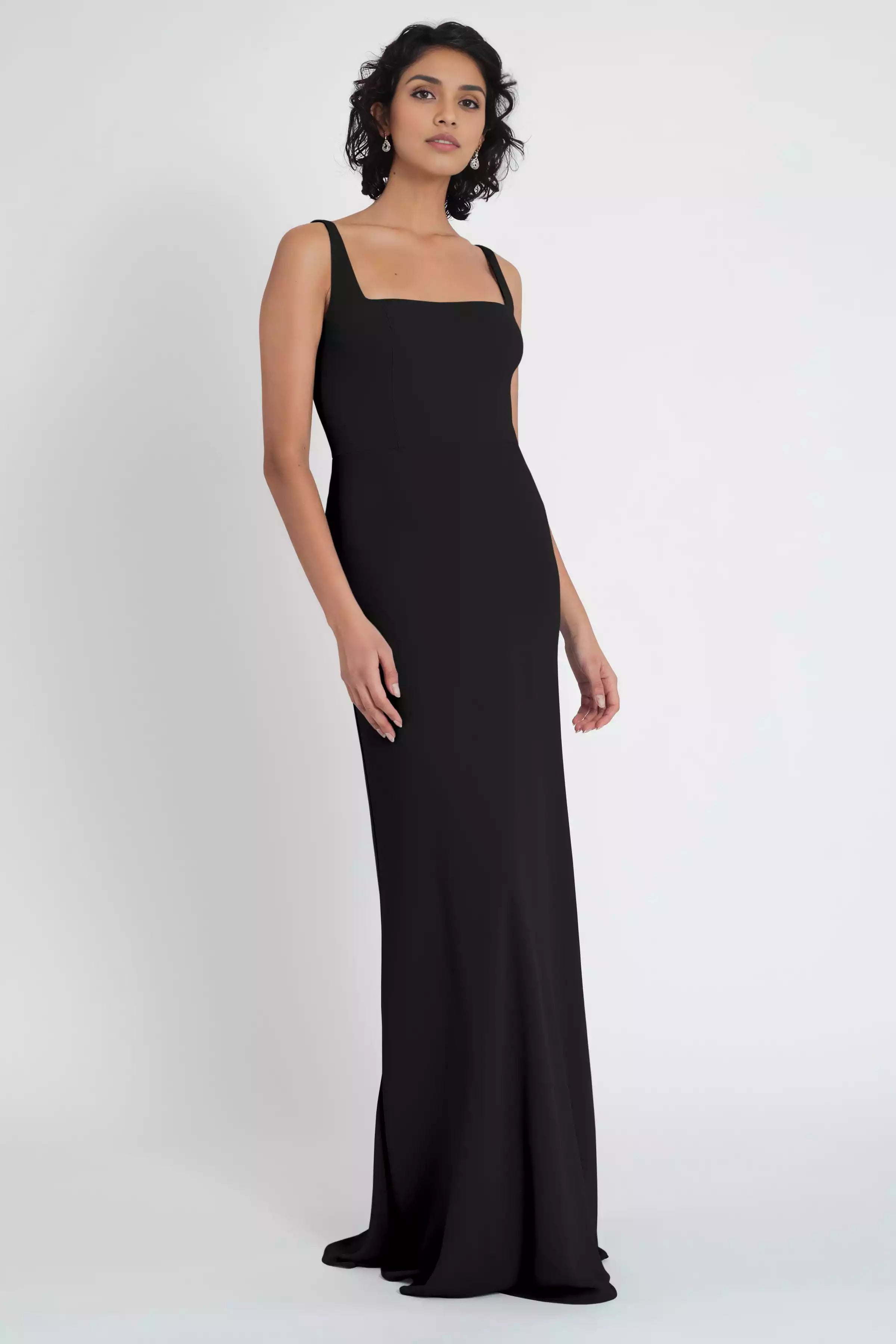 Stunning and fashionable square neckline with wide shoulder straps and slanted skirt hem showcasing graceful curves Bridesmaid Dresses