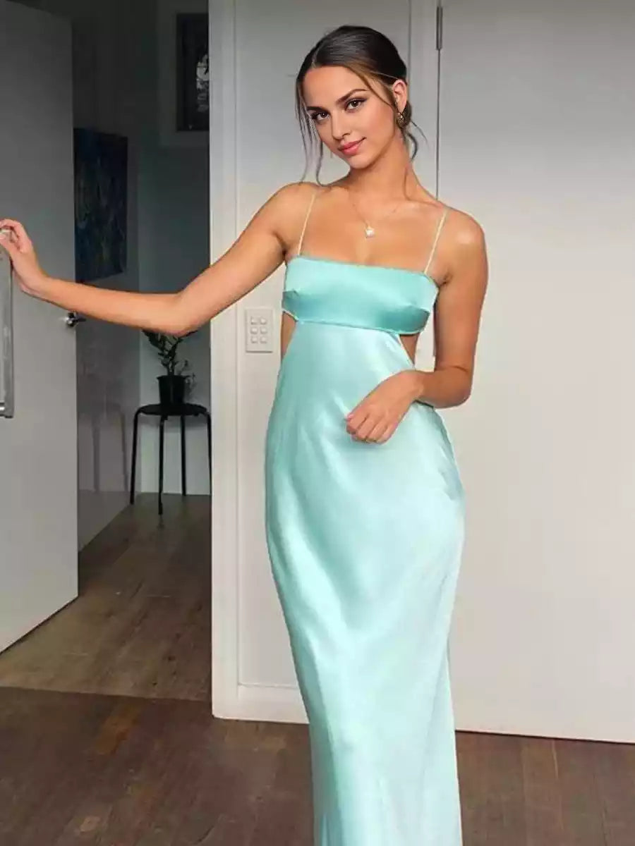 Stunning appearance of slim shoulder straps, slim fit luxury satin, elegant drape, sleeveless back zipper Prom Dresses