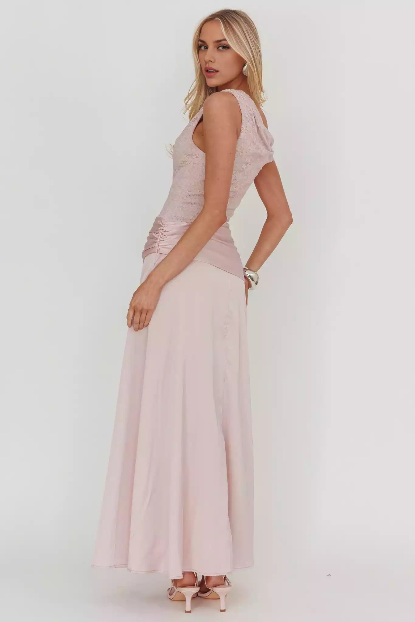 Stunning asymmetrical neckline lined with lace tight corset, pleated waist and side zipper Bridesmaid Dresses