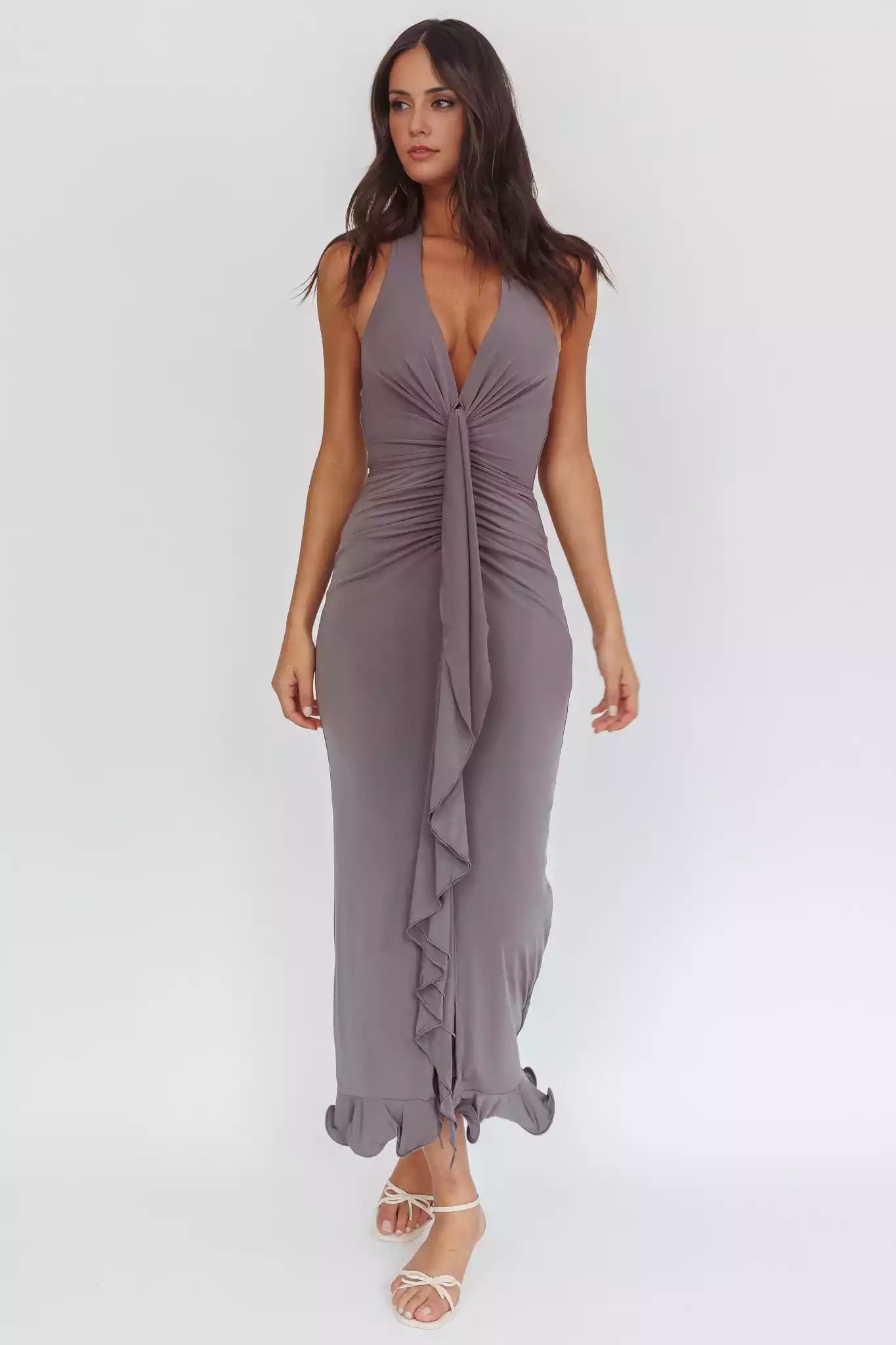 Stunning backless lining with pleats and a slit at the back with a zipper Prom Dresses
