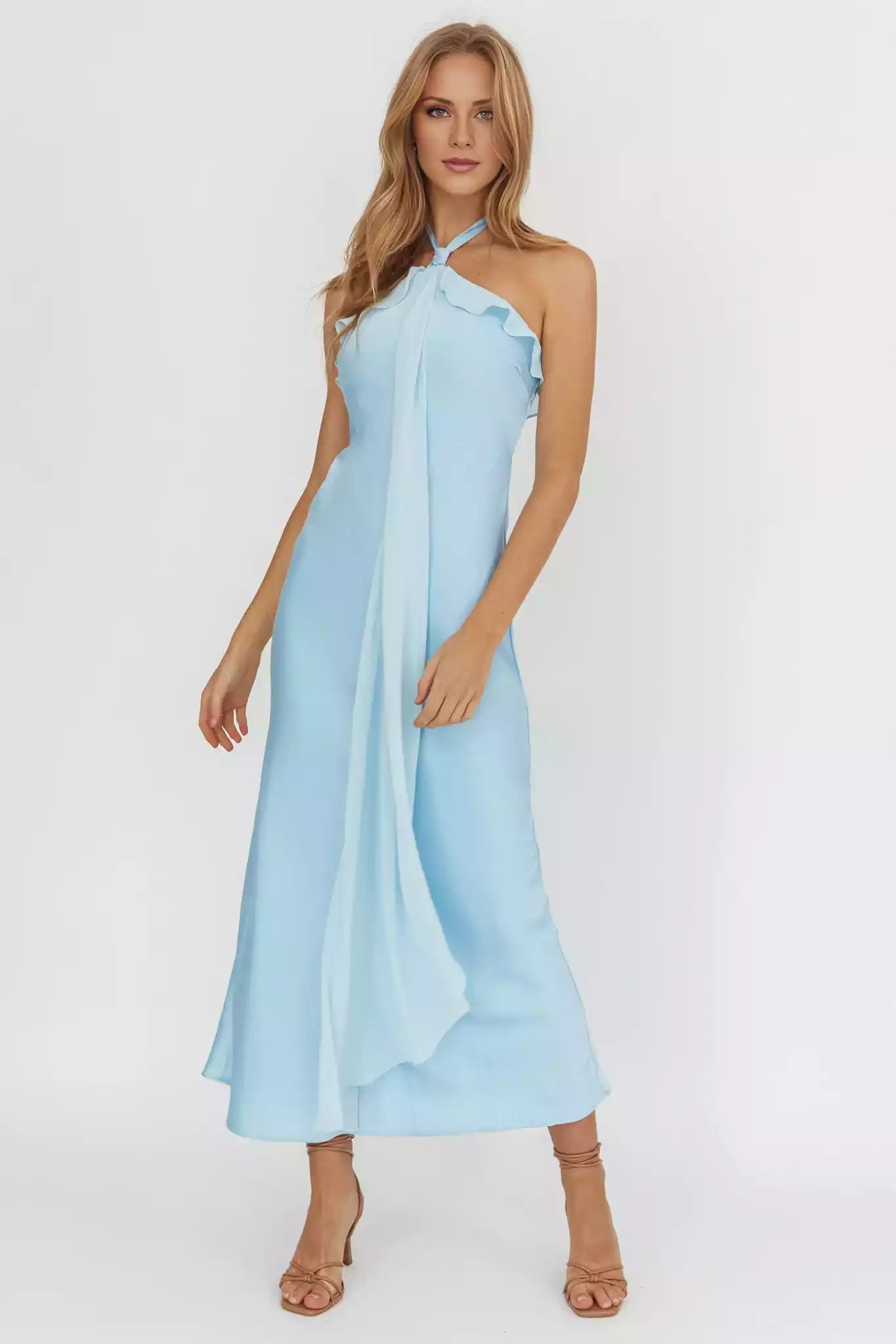 Stunning backless lining with ruffle edge layered waistband and zipper at the back Prom Dresses