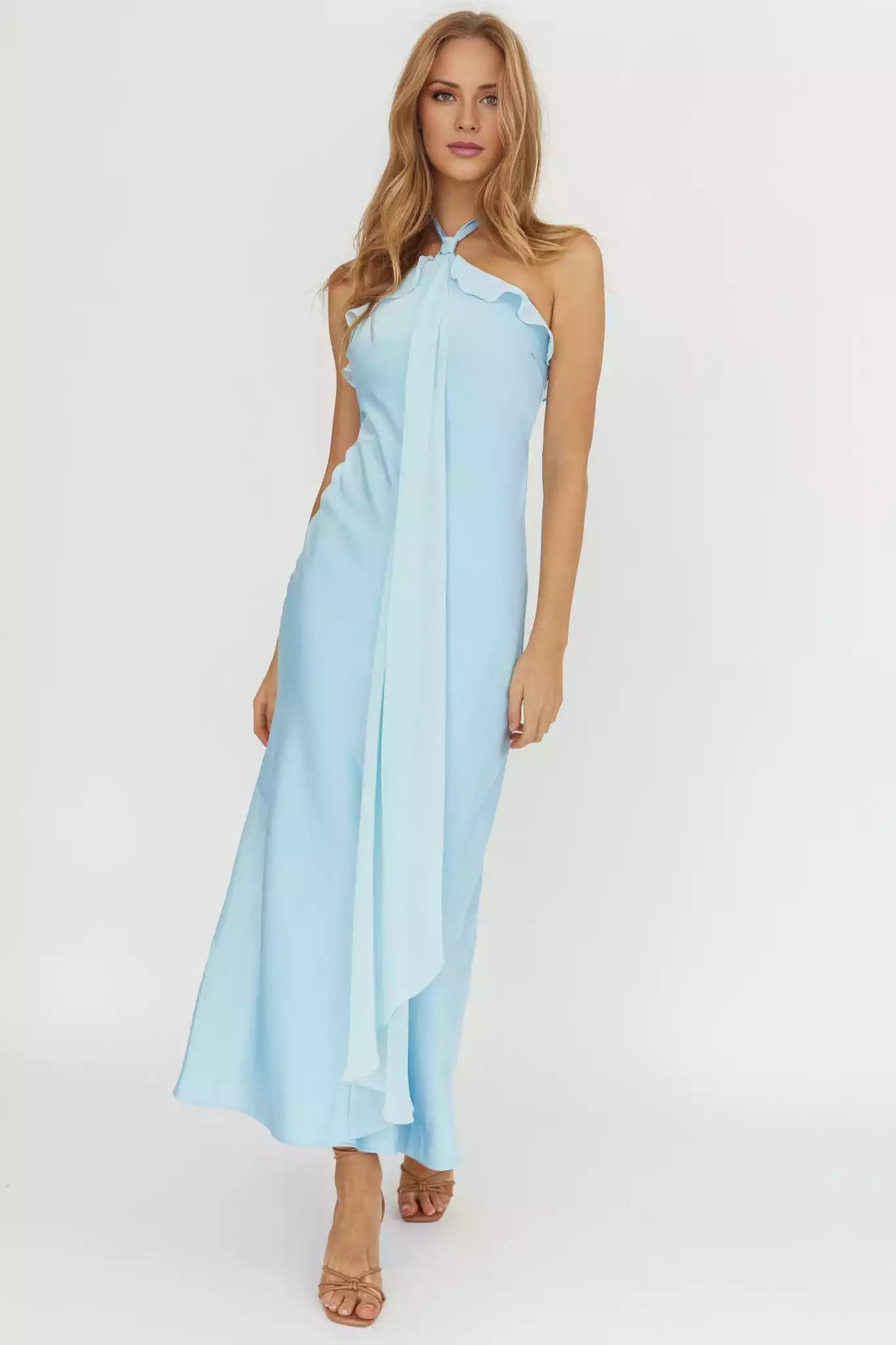 Stunning backless lining with ruffle edge layered waistband and zipper at the back Prom Dresses