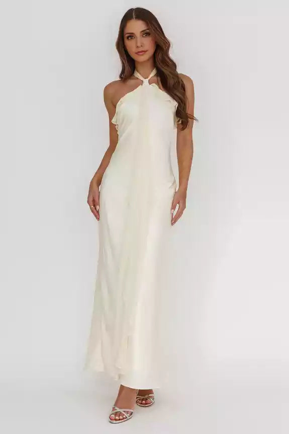 Stunning backless lining with ruffle edge layered waistband details and zippered back Bridesmaid Dresses