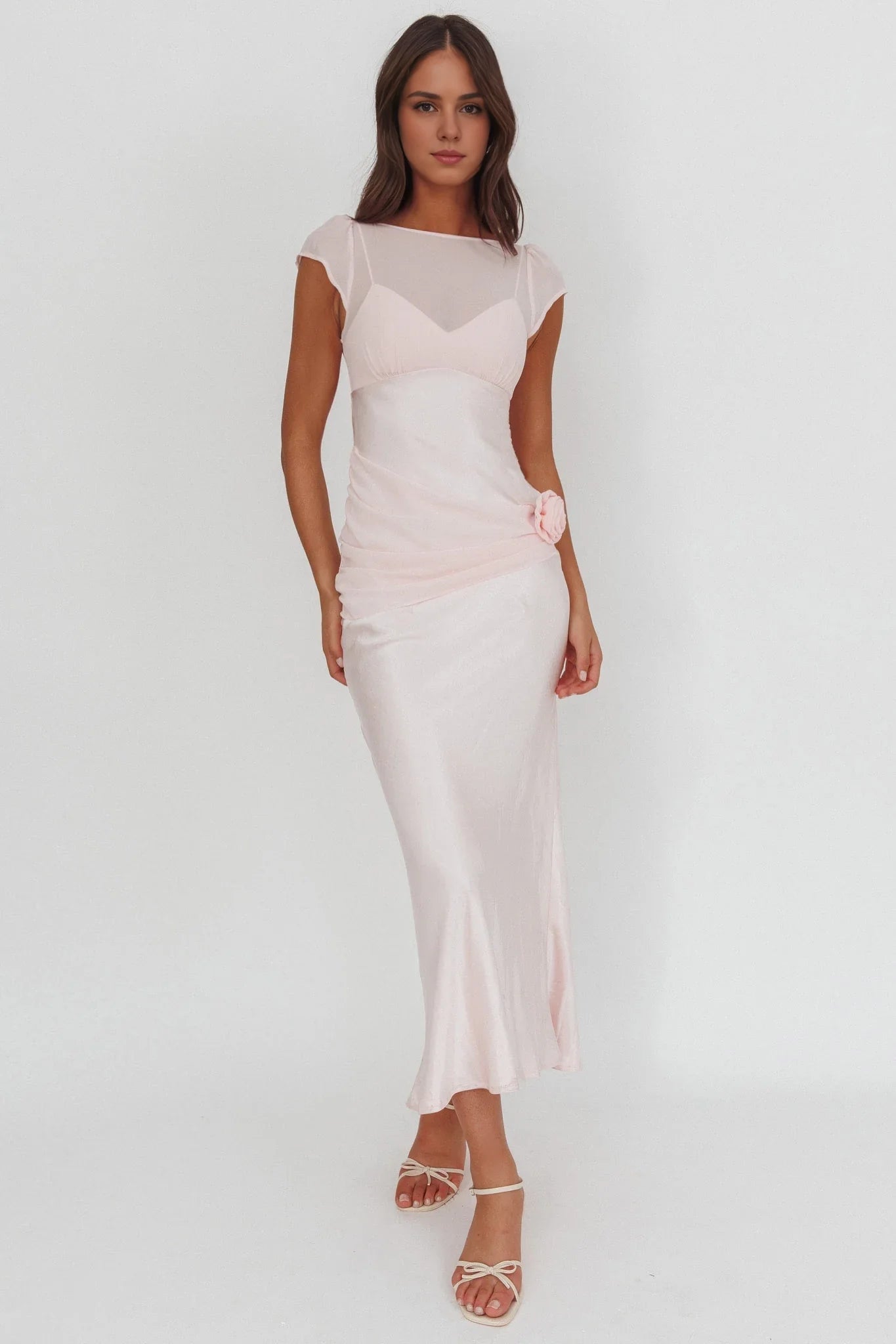 Stunning chiffon short sleeved rose knot with zipper back bridesmaid dress