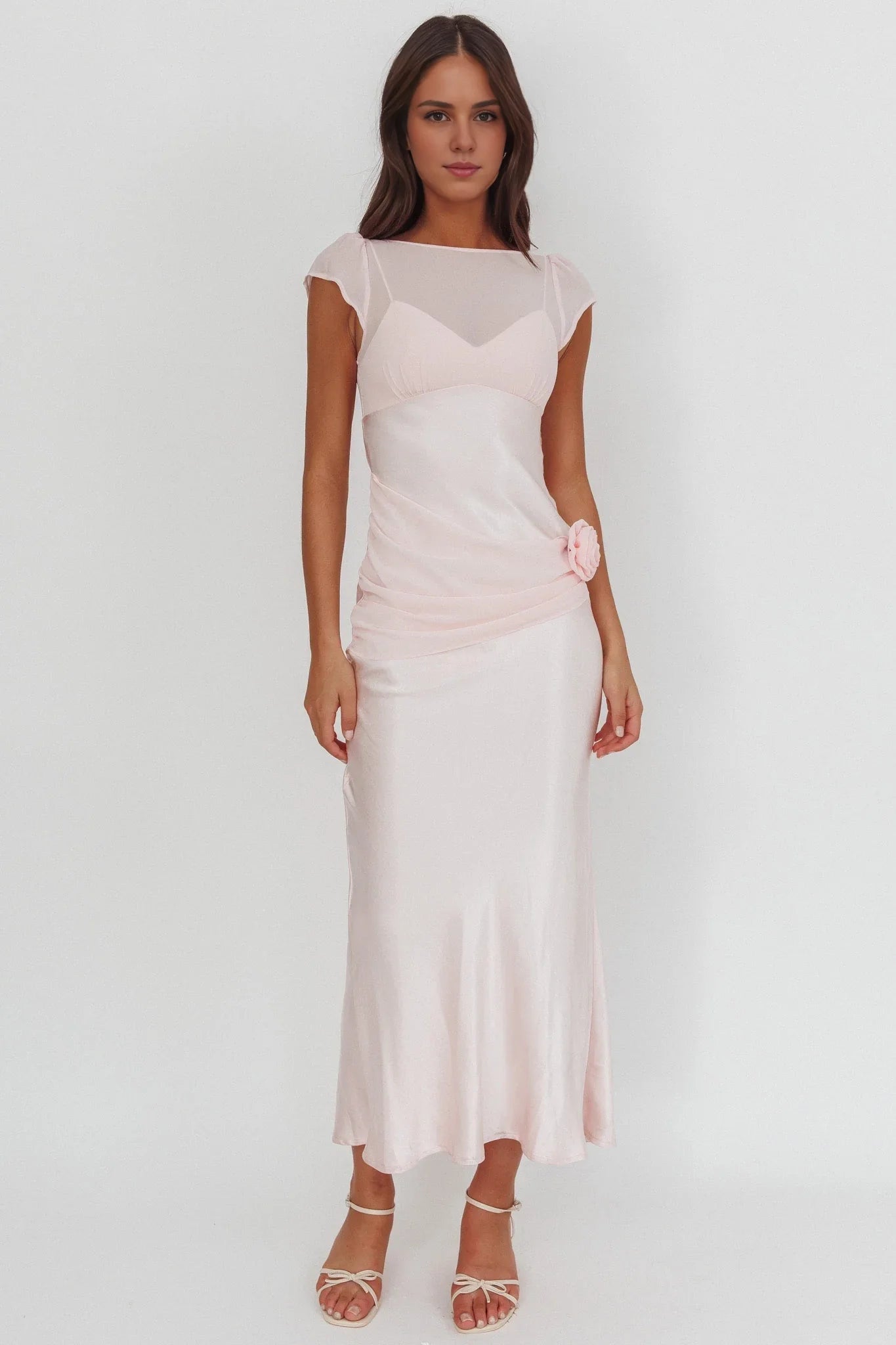 Stunning chiffon short sleeved rose knot with zipper back bridesmaid dress