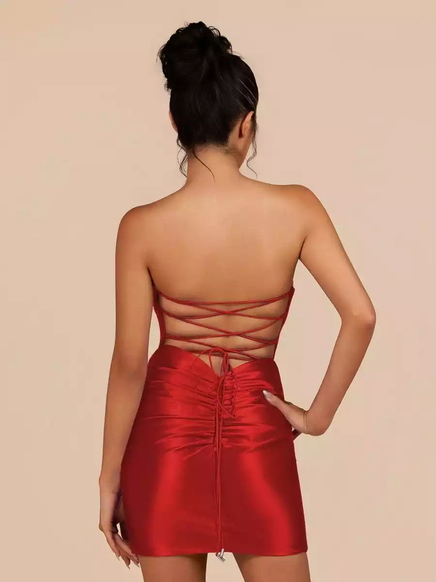 Stunning corset with heart-shaped neckline, floral decals, sleeveless lace up, Homecoming Dresses on the back