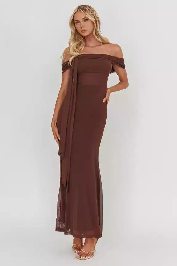 Stunning interior mesh covering off the shoulder design, with layered straps on the front and zippers on the sides Prom Dresses